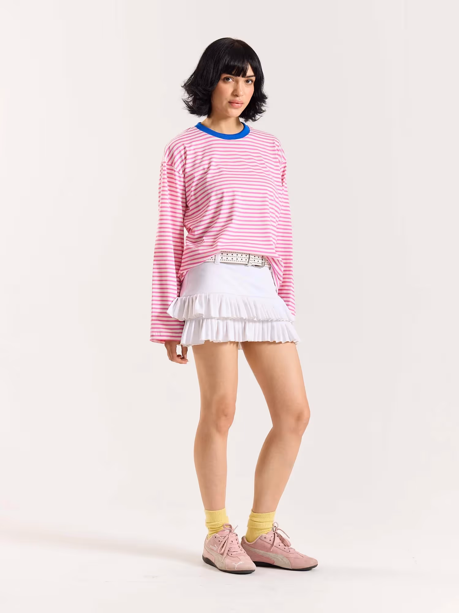 Bubblegum Pink Striped Loose Fit Cropped T-Shirt image 3