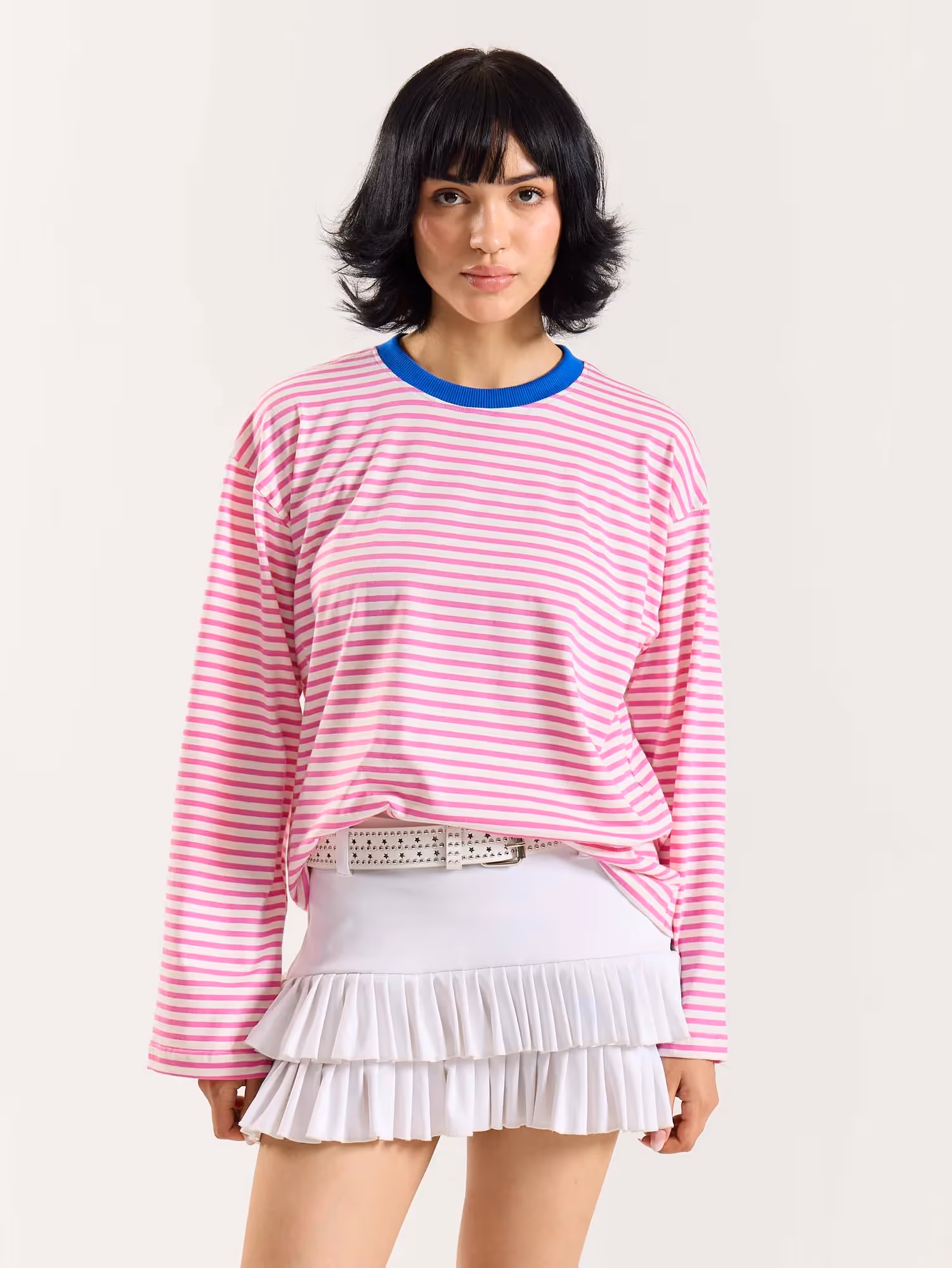Bubblegum Pink Striped Loose Fit Cropped T-Shirt image 5