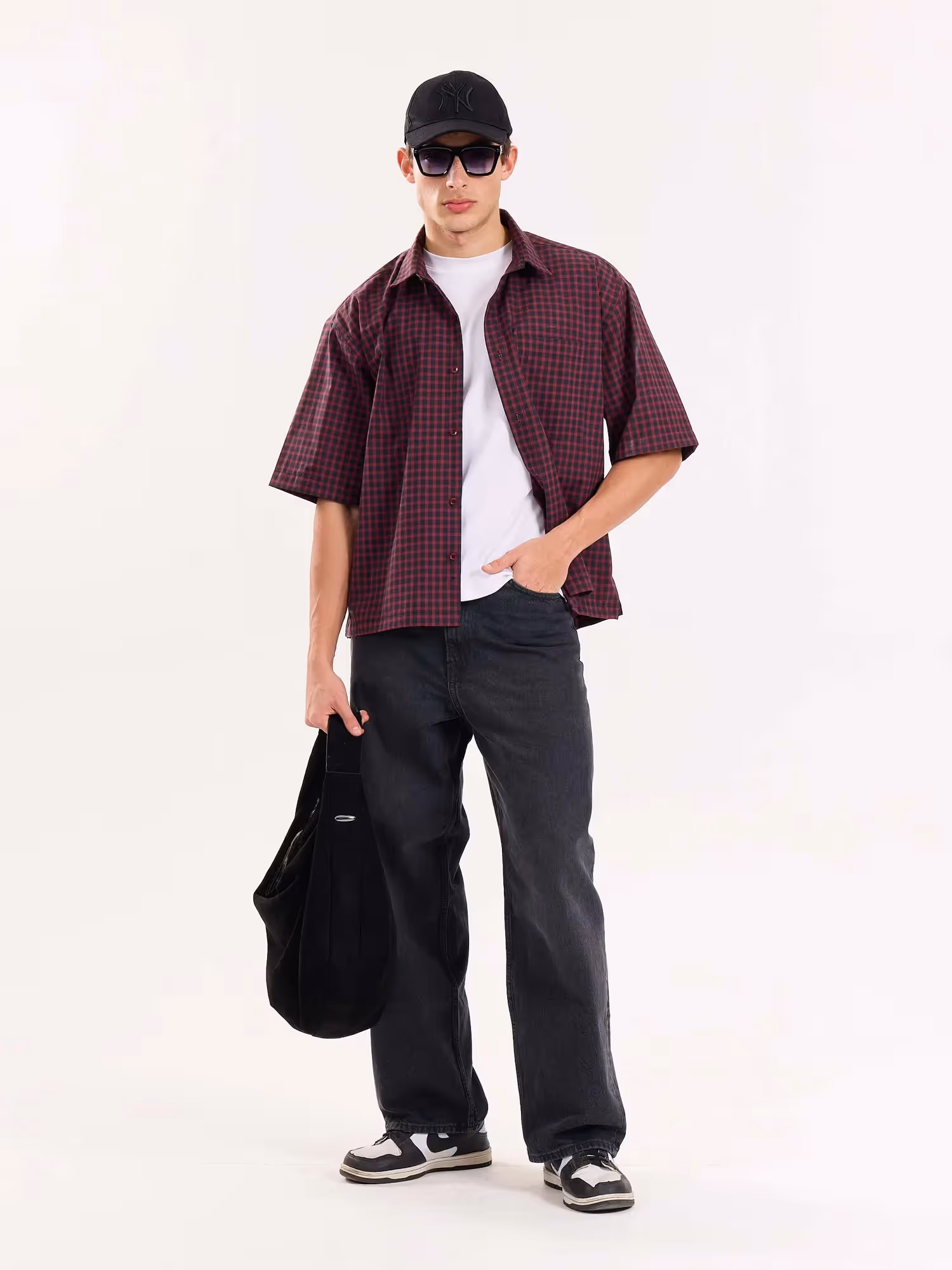 Burgundy and Black Checkered Cropped Shirt image 1