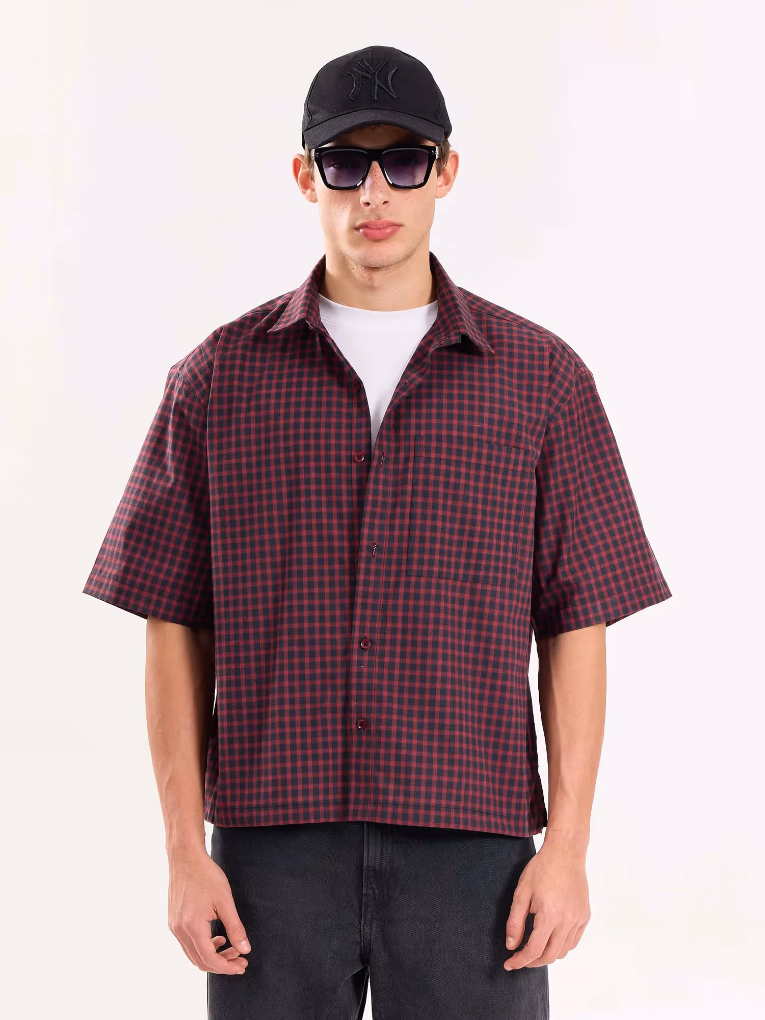 Burgundy and Black Checkered Cropped Shirt image 2
