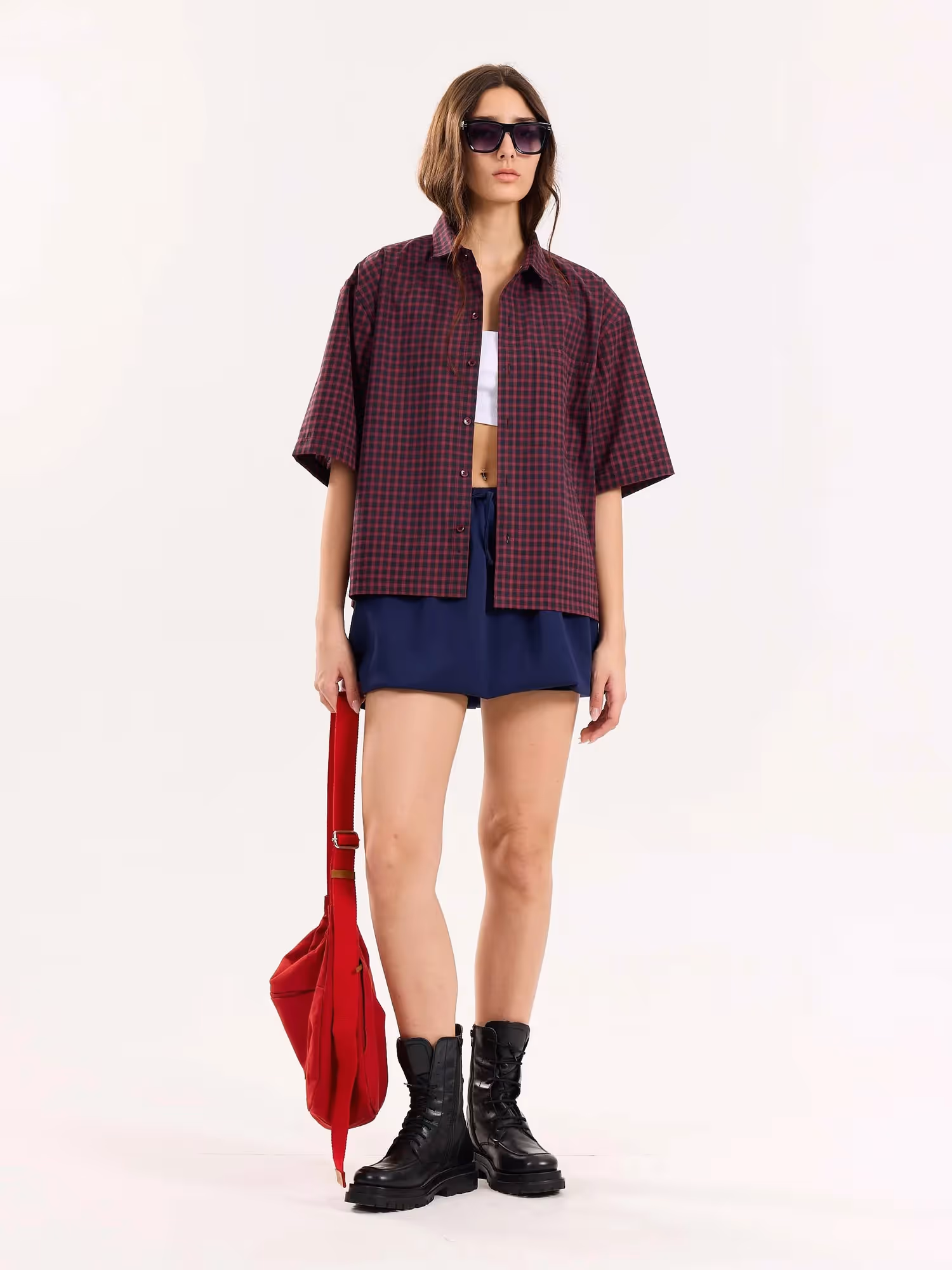 Burgundy and Black Checkered Cropped Shirt image 3