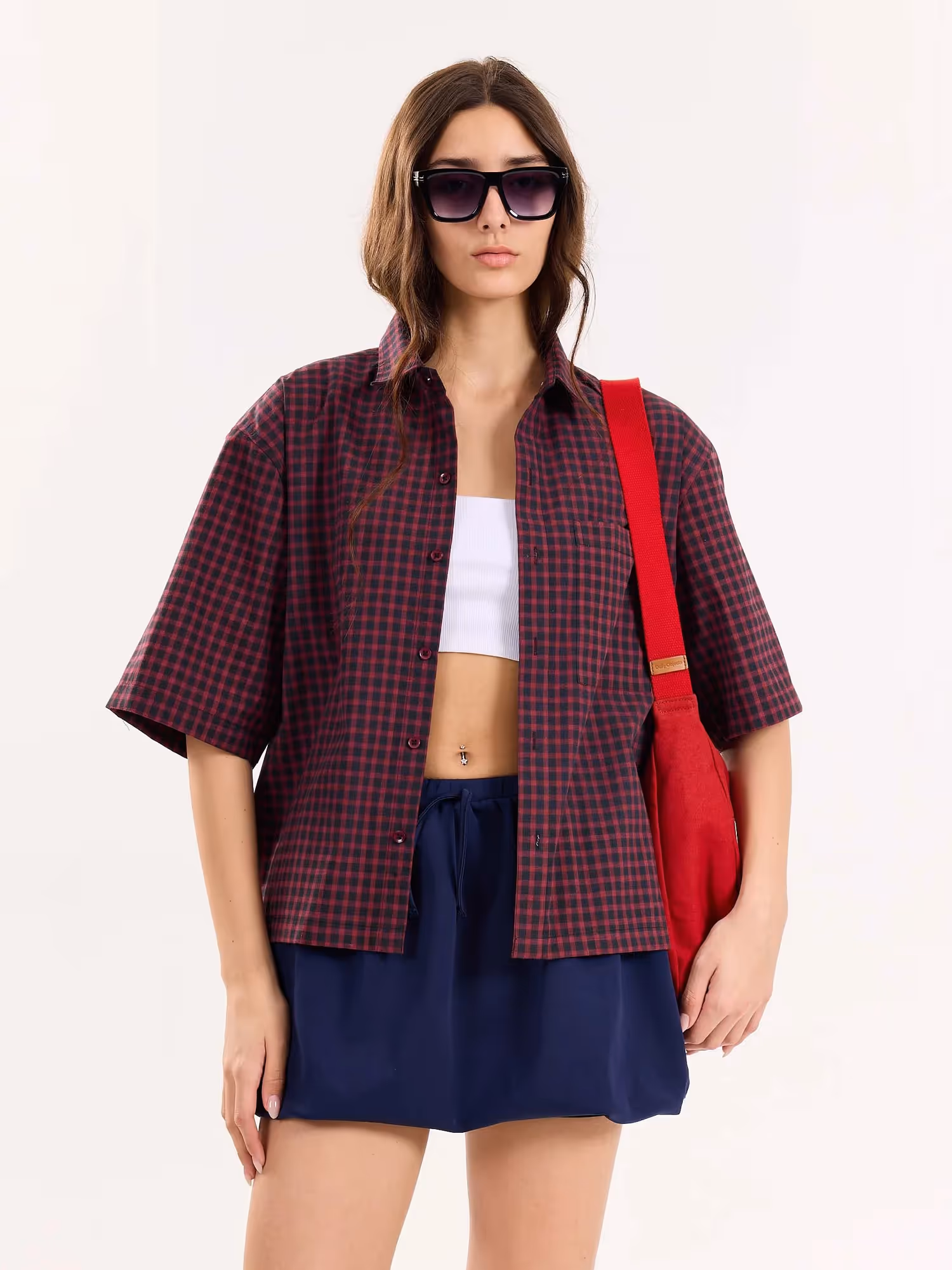 Burgundy and Black Checkered Cropped Shirt image 4
