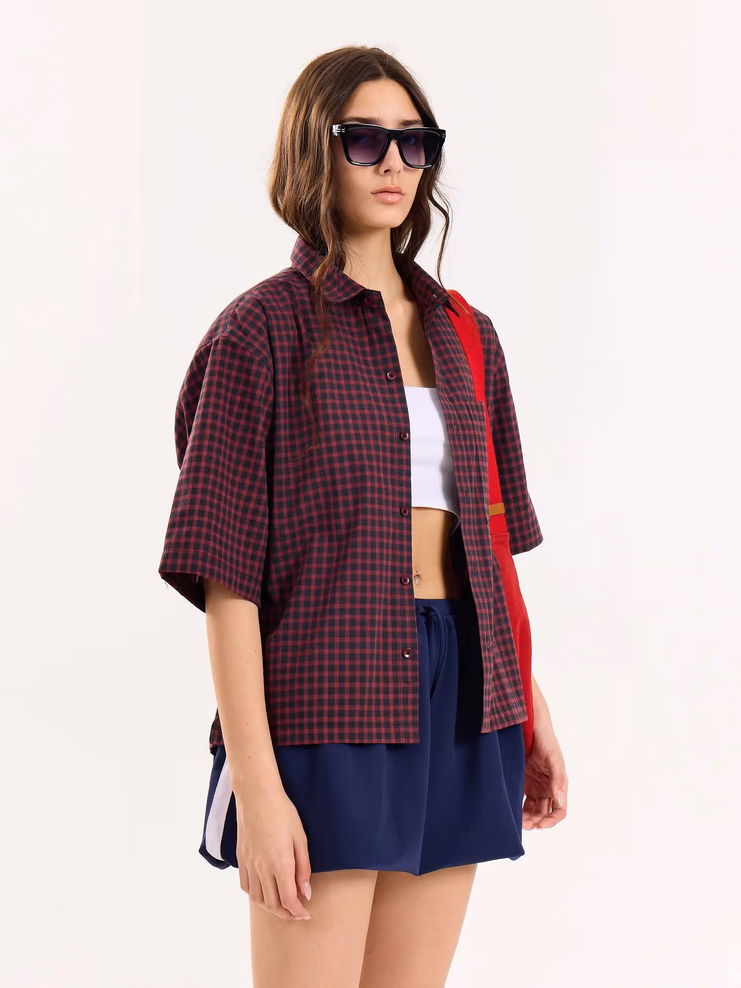 Burgundy and Black Checkered Cropped Shirt image 5