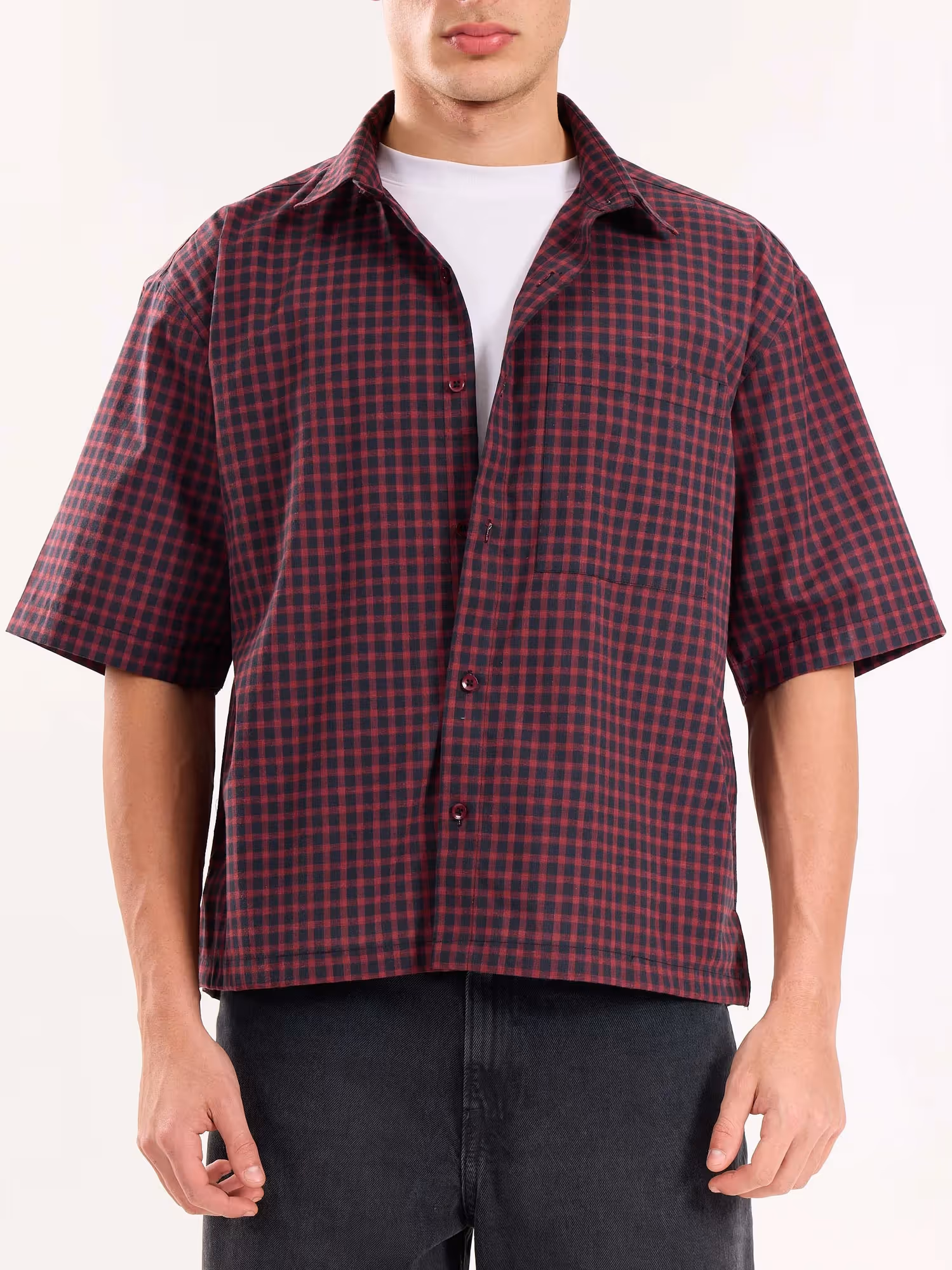 Burgundy and Black Checkered Cropped Shirt image 6