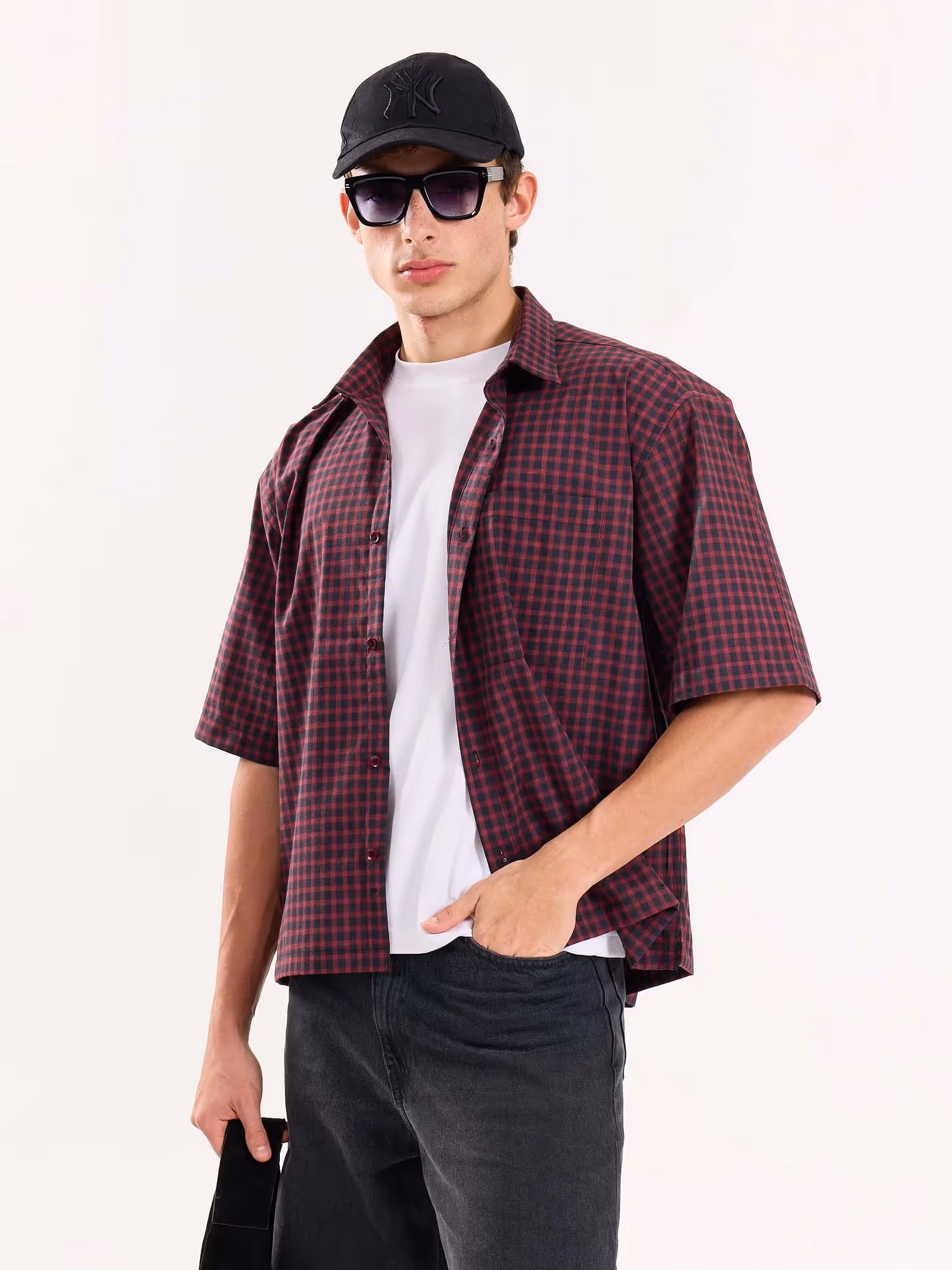 Burgundy and Black Checkered Cropped Shirt image 7