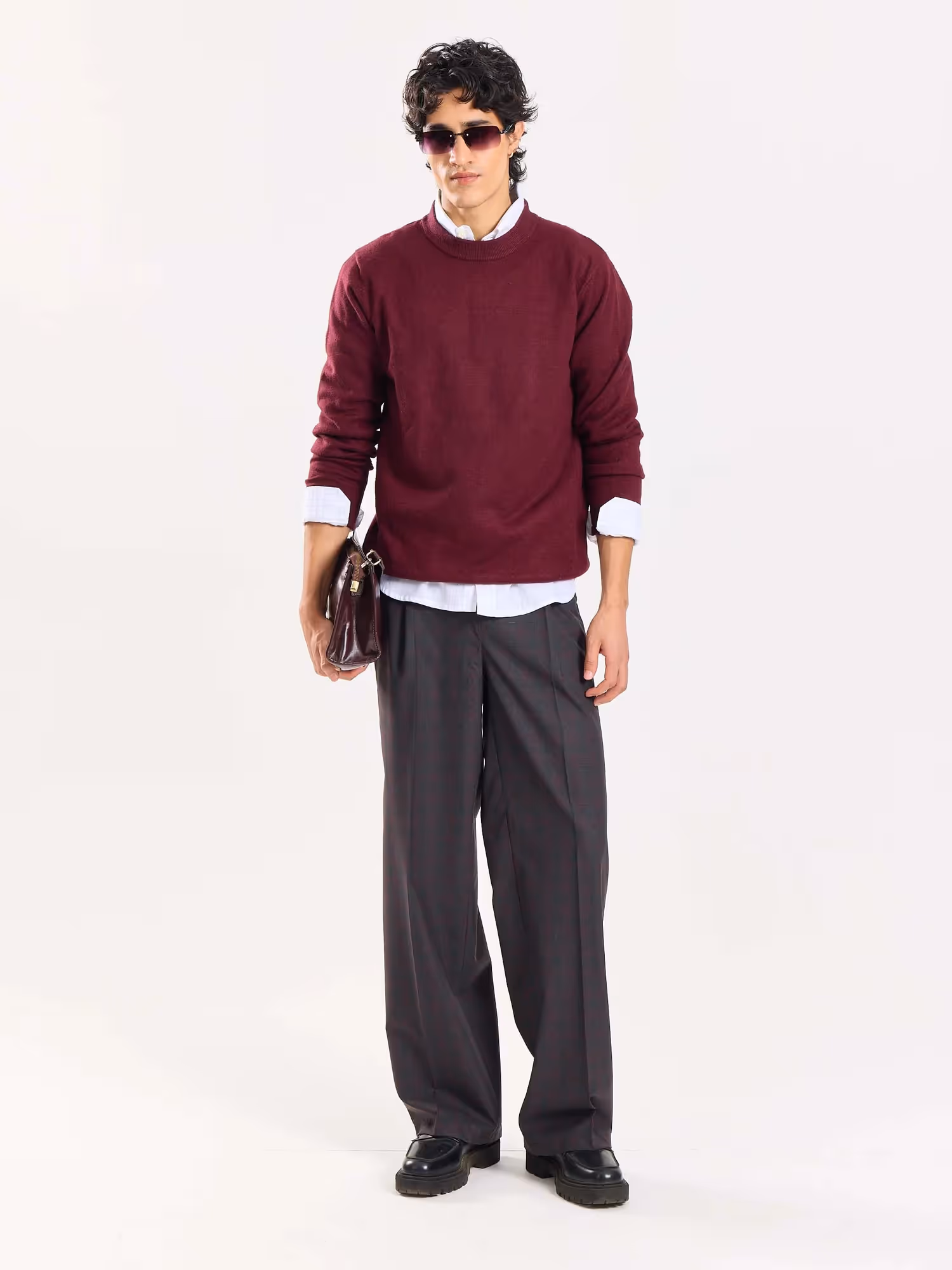 Burgundy & Grey Checked Baggy Fit Trousers image 1