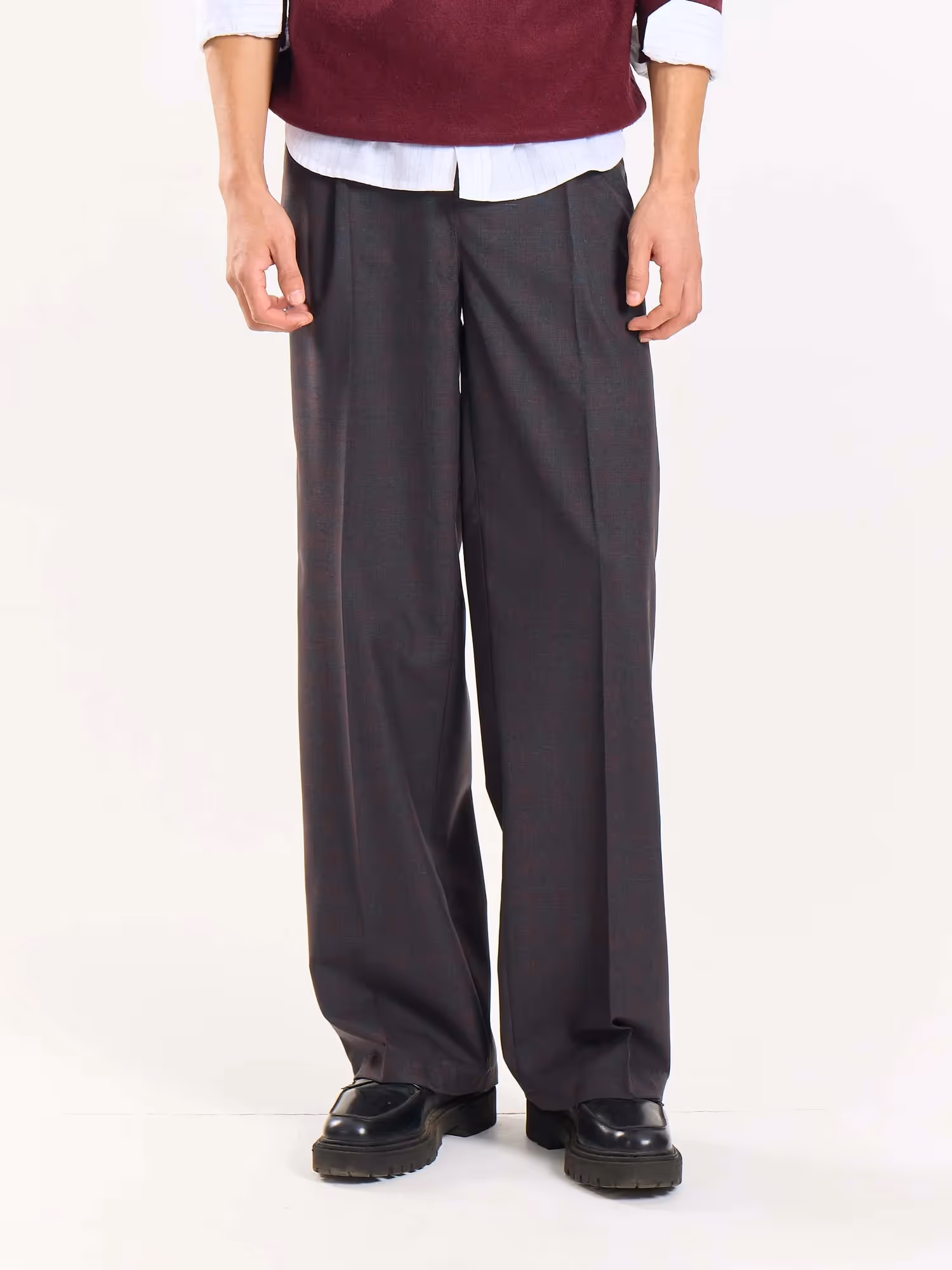 Burgundy & Grey Checked Baggy Fit Trousers image 2