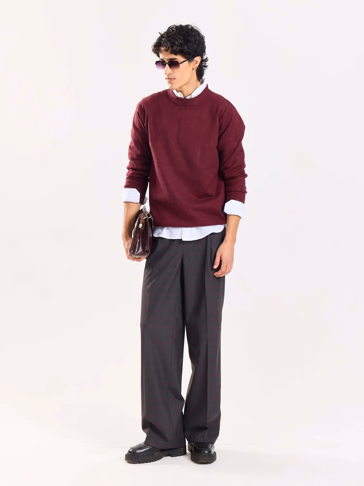 Burgundy & Grey Checked Baggy Fit Trousers image 4
