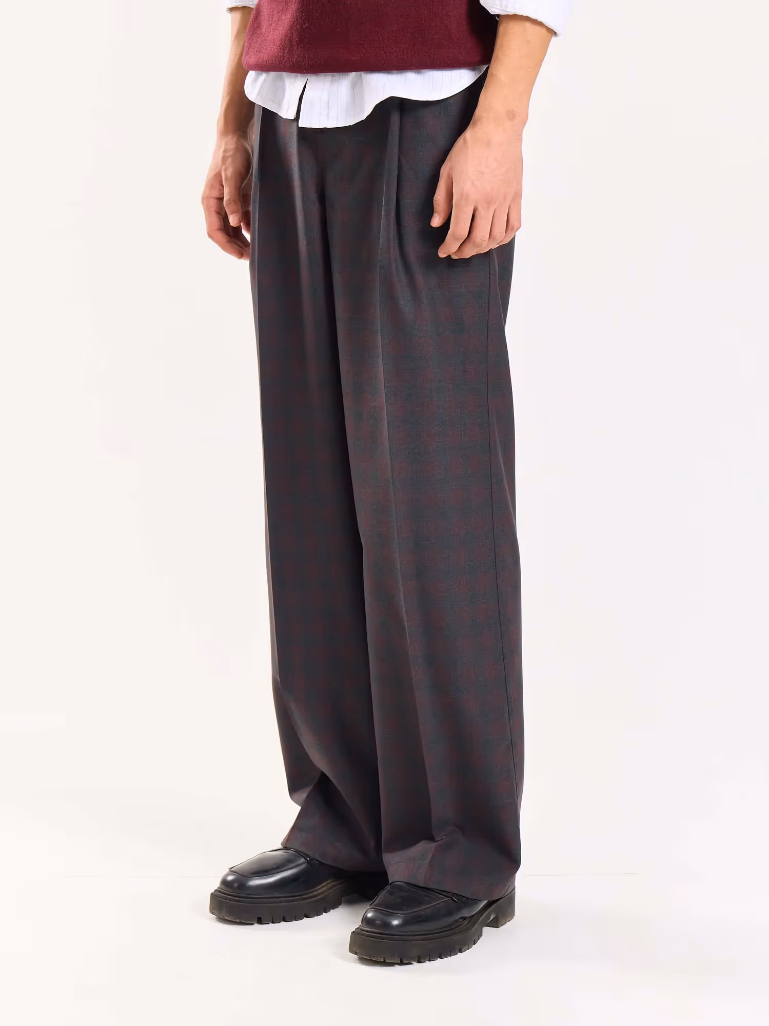 Burgundy & Grey Checked Baggy Fit Trousers image 5