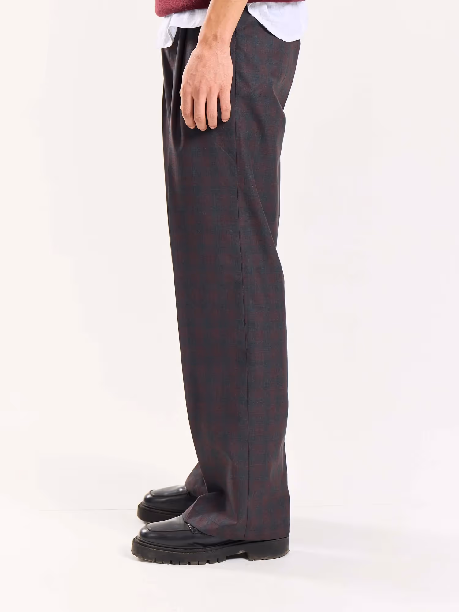 Burgundy & Grey Checked Baggy Fit Trousers image 6
