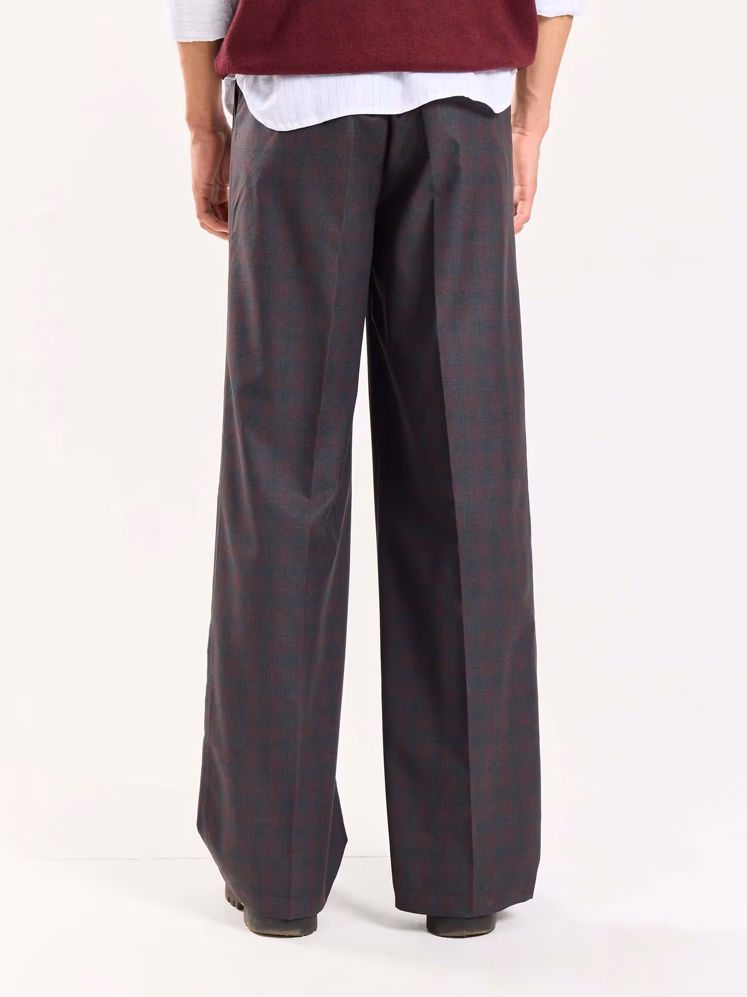 Burgundy & Grey Checked Baggy Fit Trousers image 7