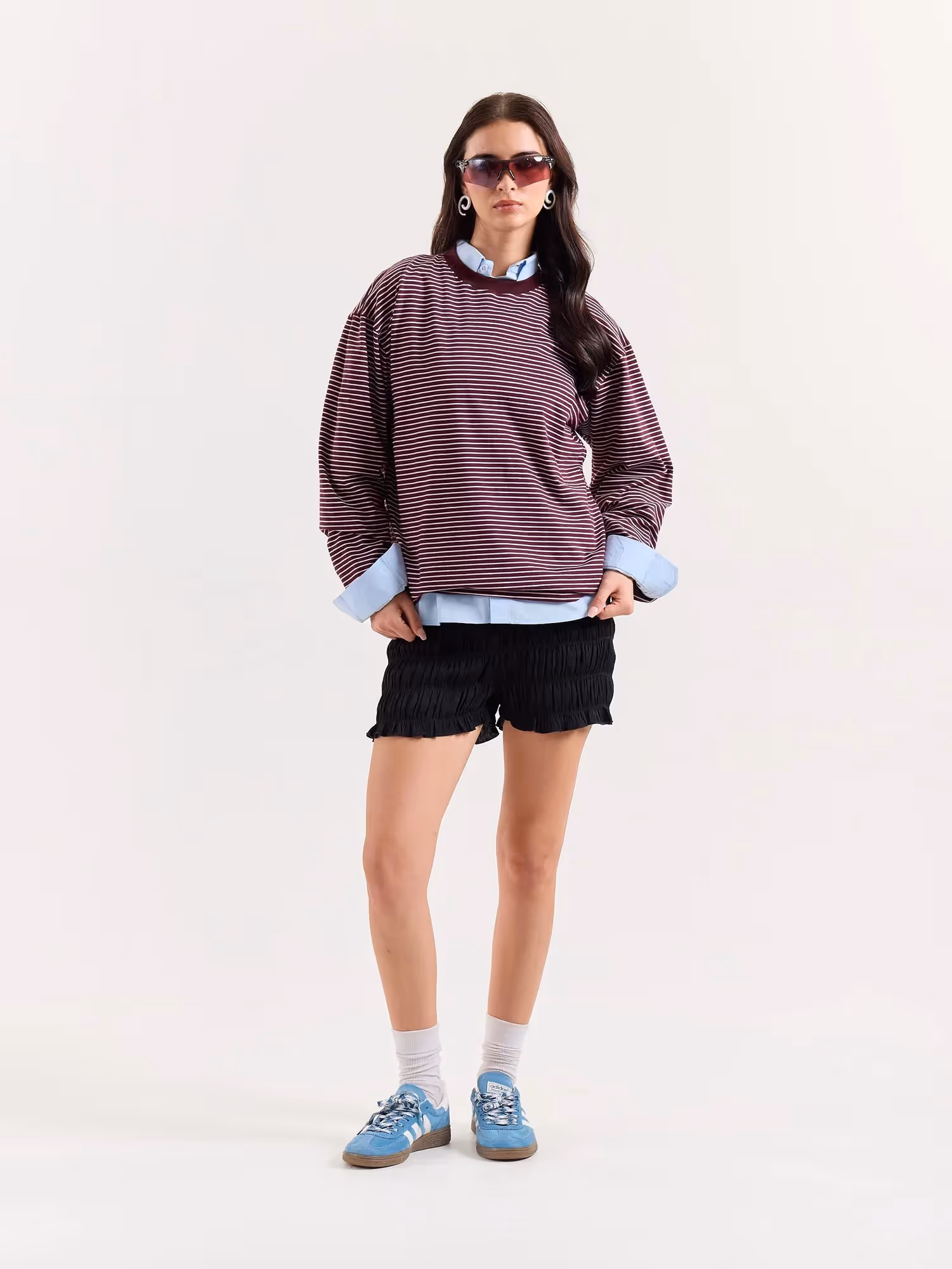 Burgundy & White Striped Loose Fit Cropped T-Shirt image 2