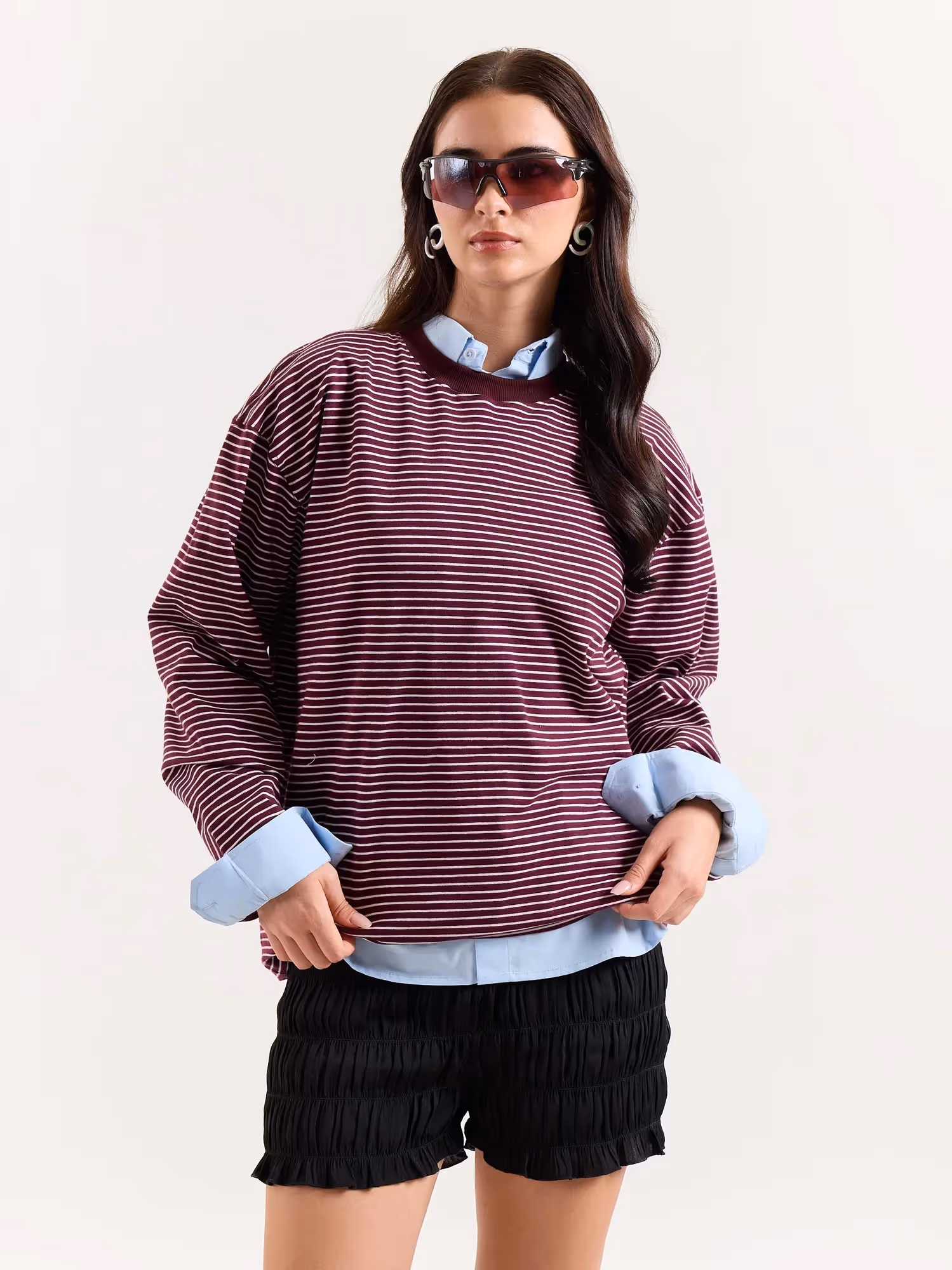 Burgundy & White Striped Loose Fit Cropped T-Shirt image 4