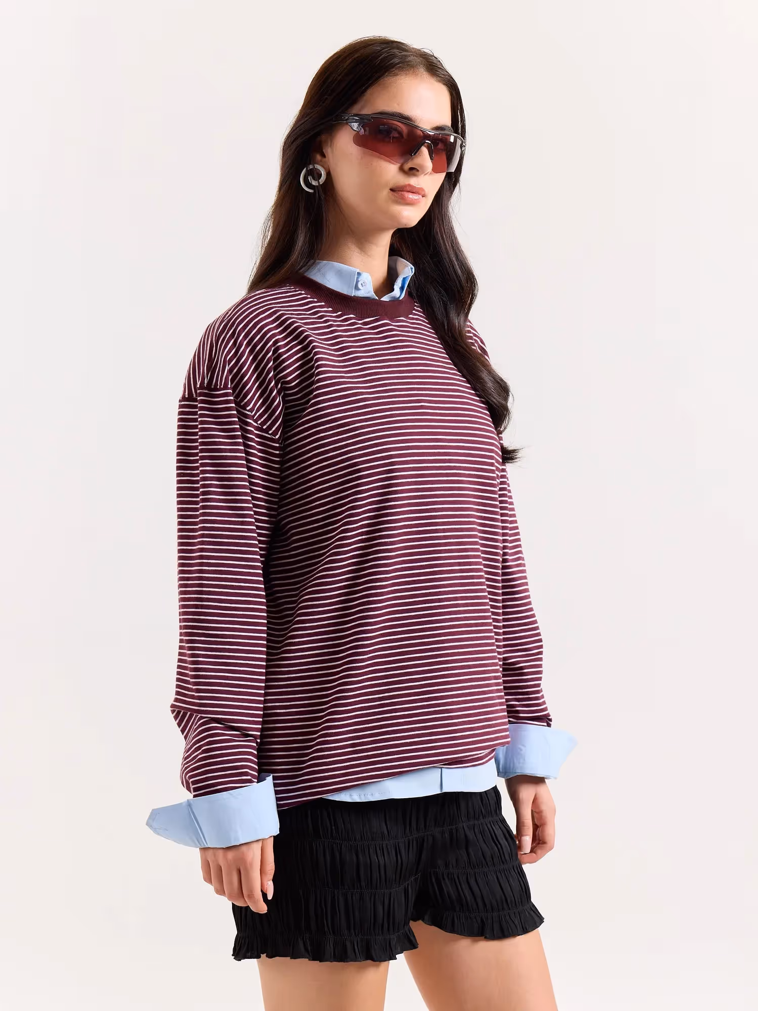 Burgundy & White Striped Loose Fit Cropped T-Shirt image 5