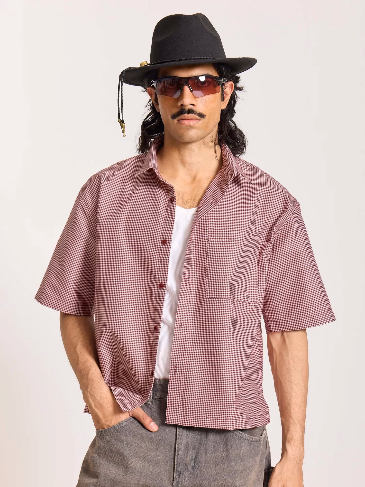 Burgundy Checkered Cropped Shirt image 3