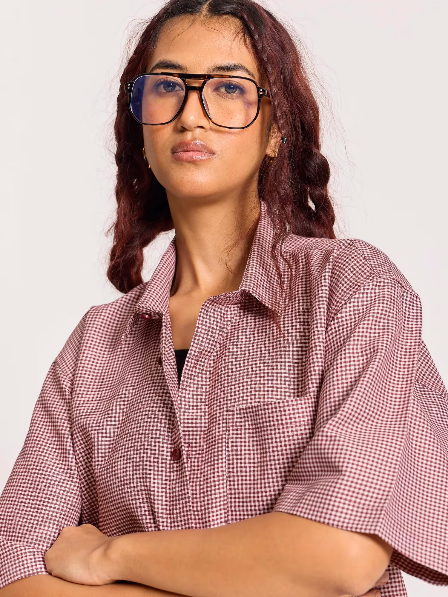Burgundy Checkered Cropped Shirt image 5