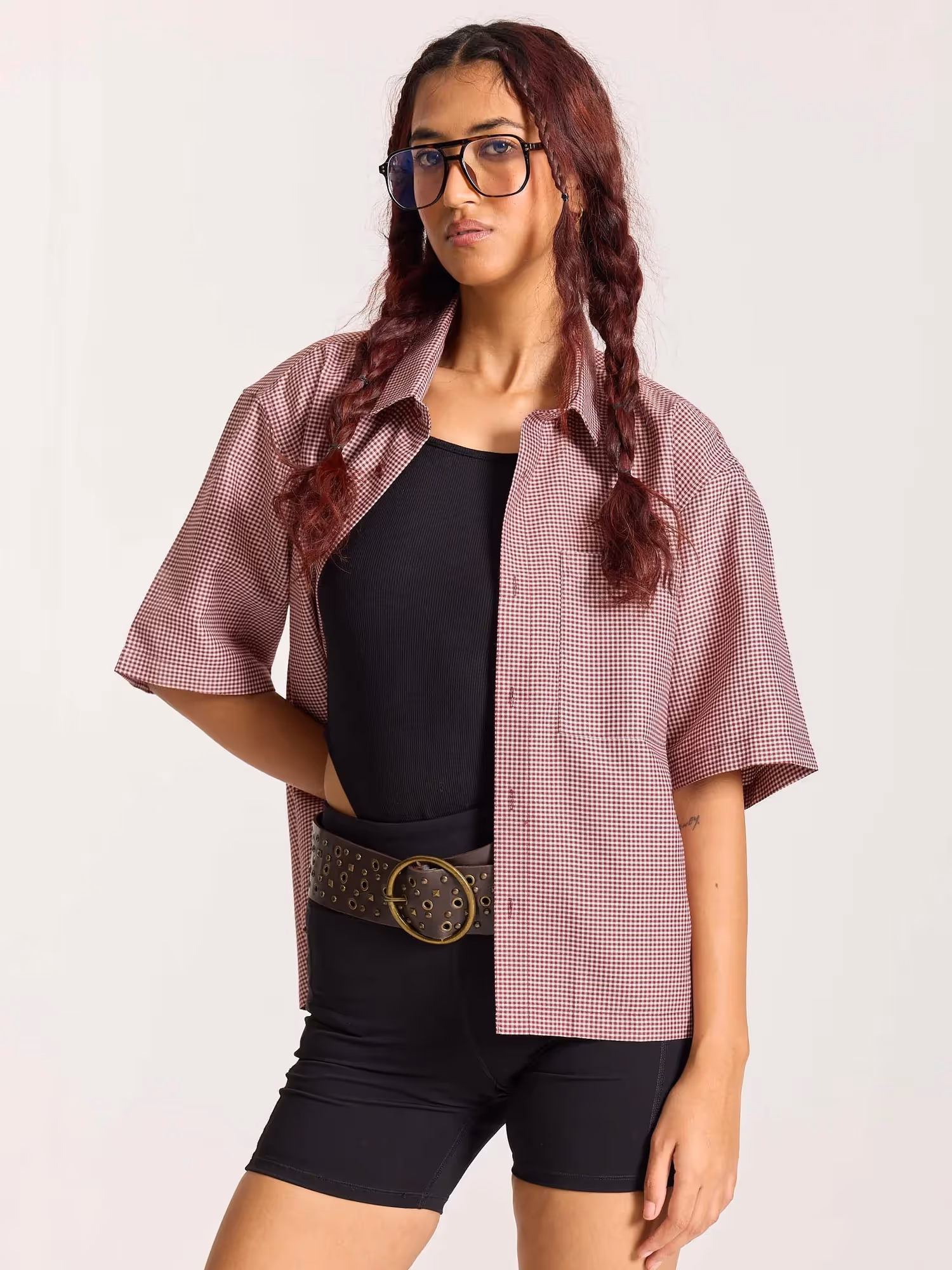 Burgundy Checkered Cropped Shirt image 7