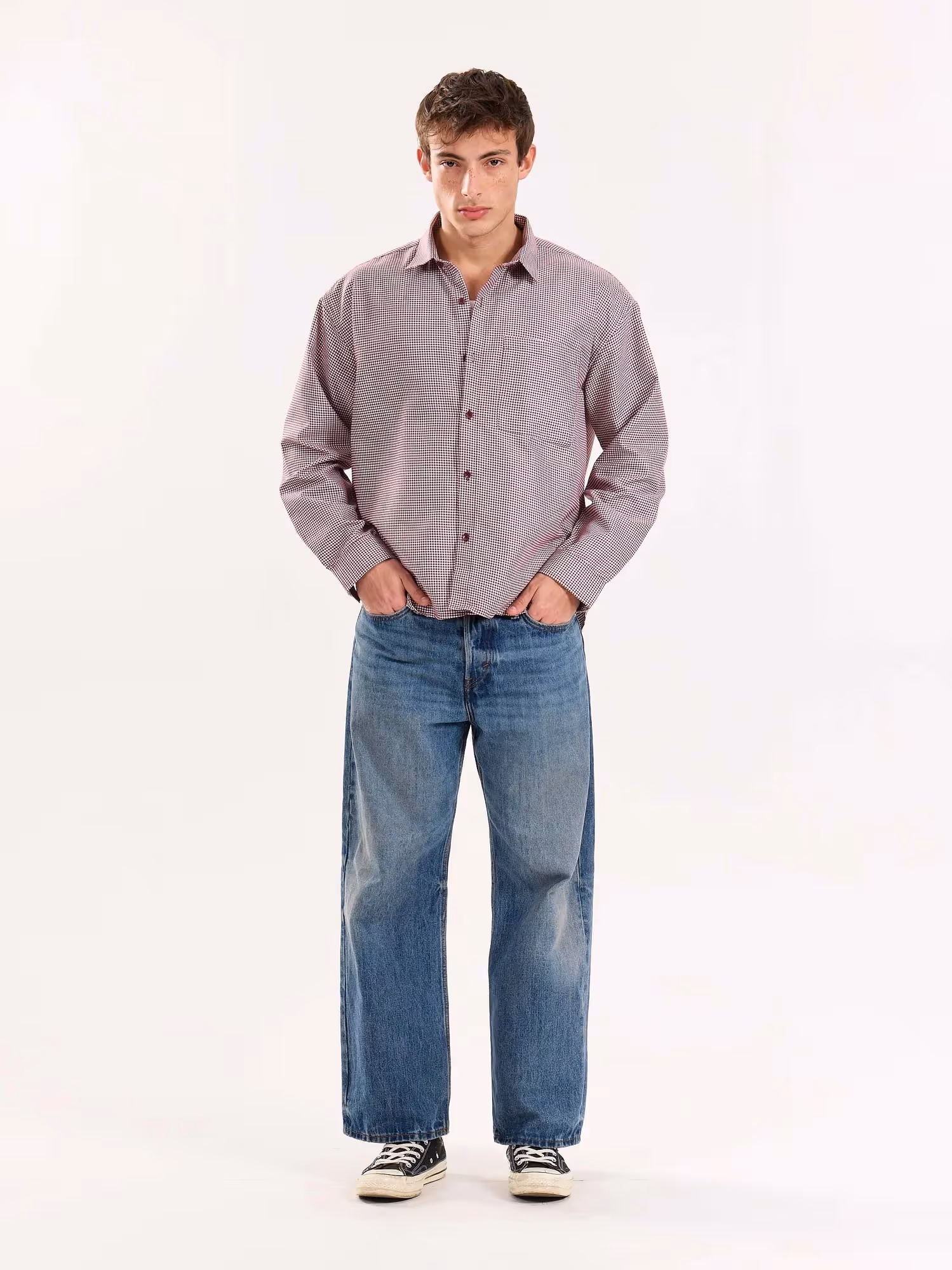 Burgundy Checkered Oversized Cropped Shirt image 1