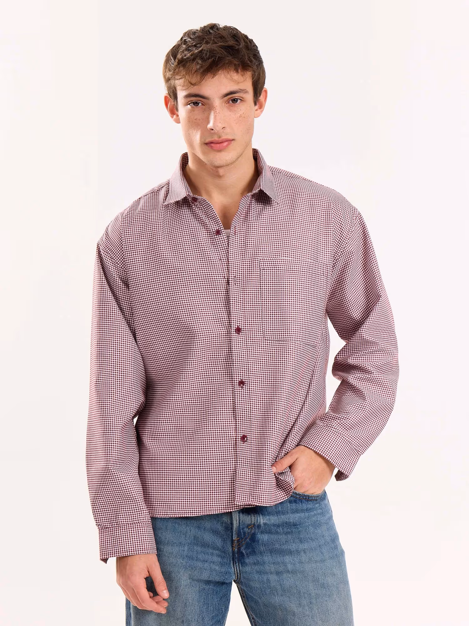 Burgundy Checkered Oversized Cropped Shirt image 2