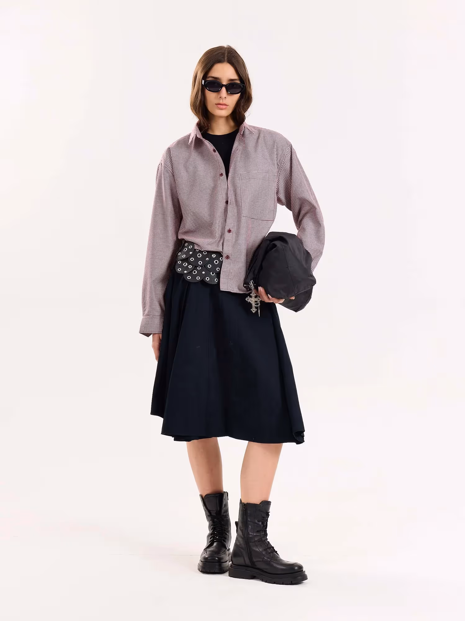 Burgundy Checkered Oversized Cropped Shirt image 3