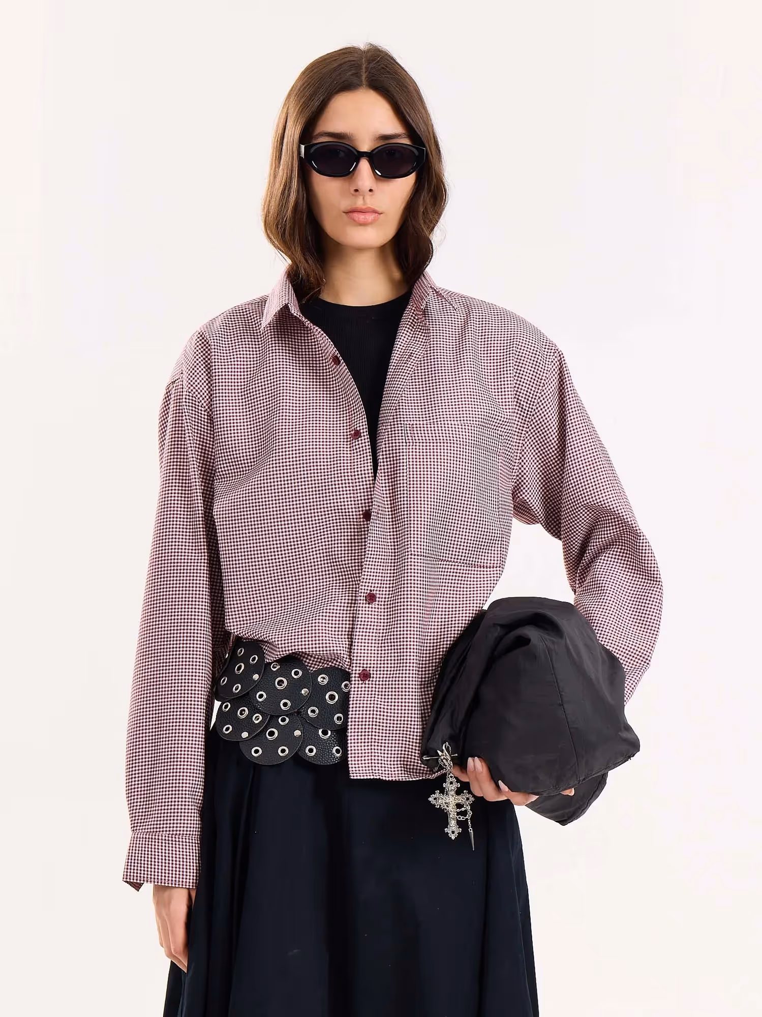 Burgundy Checkered Oversized Cropped Shirt image 4