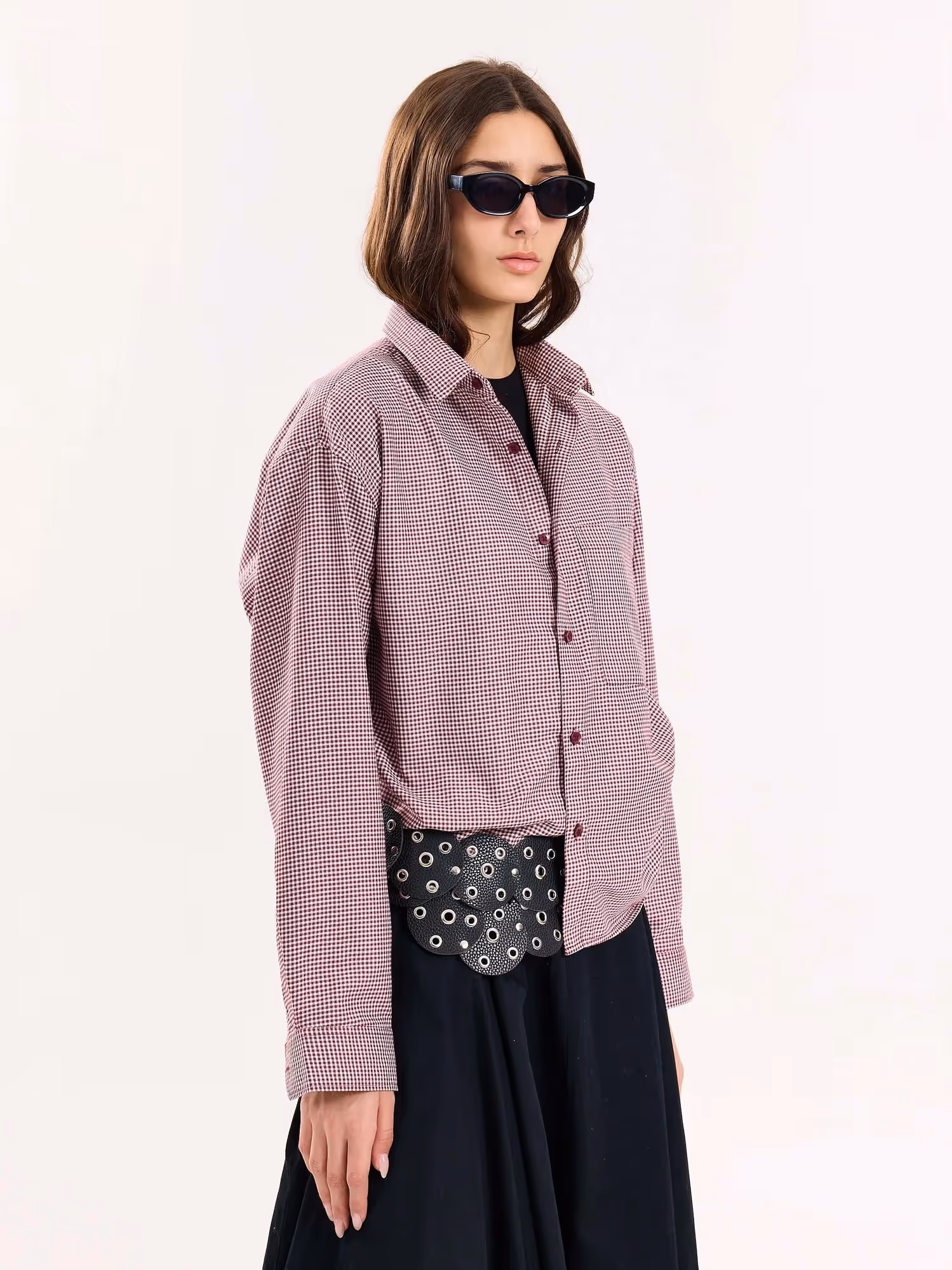 Burgundy Checkered Oversized Cropped Shirt image 5