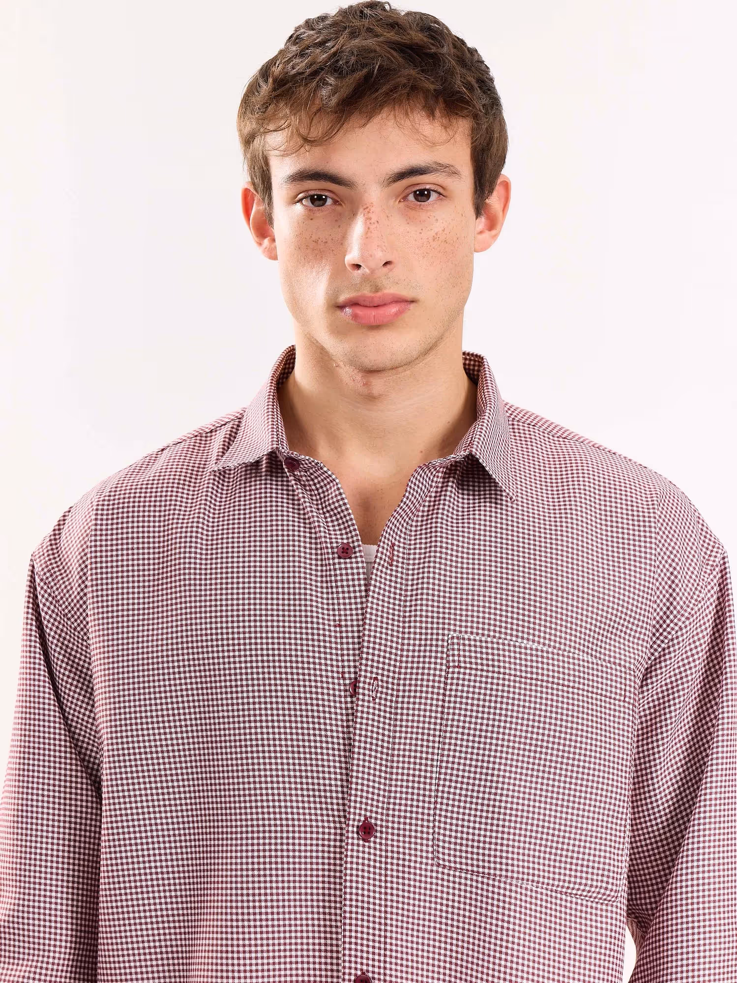 Burgundy Checkered Oversized Cropped Shirt image 6