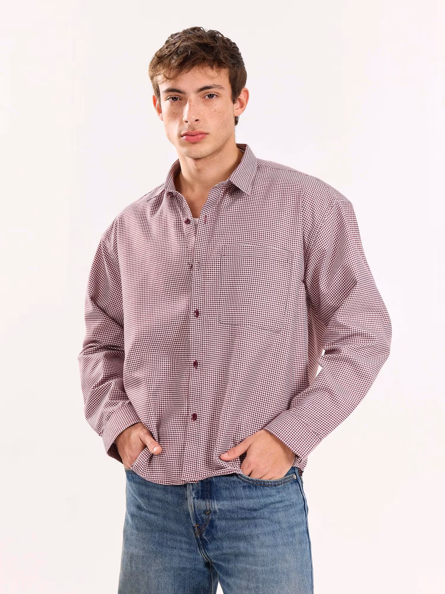 Burgundy Checkered Oversized Cropped Shirt image 7