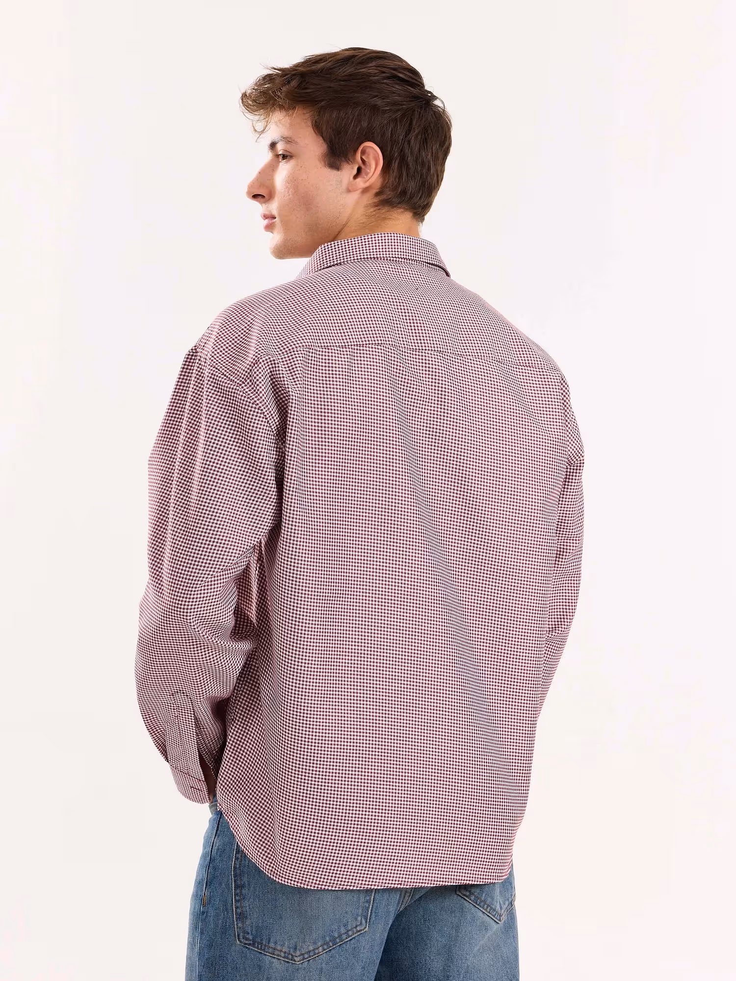 Burgundy Checkered Oversized Cropped Shirt image 8