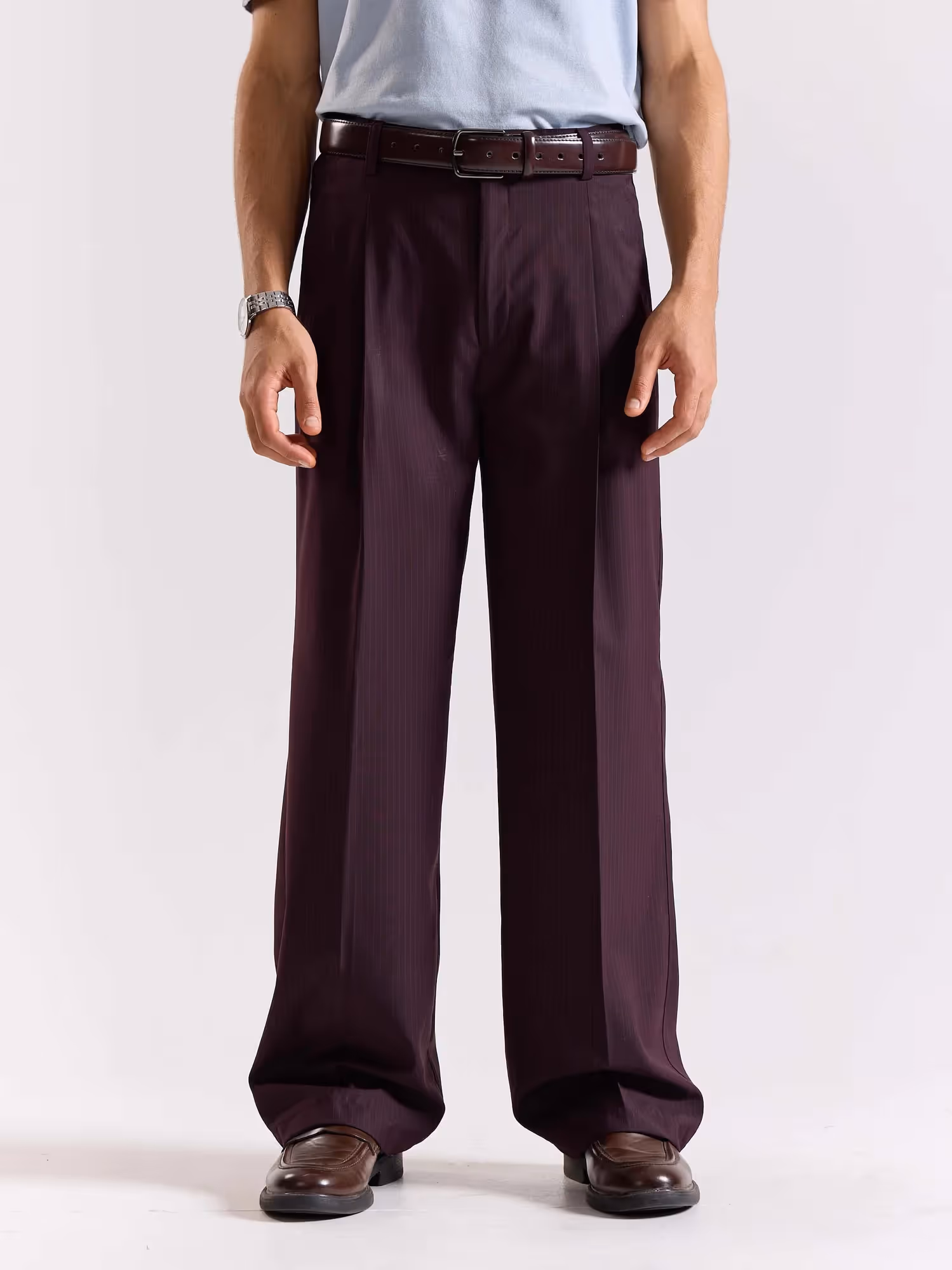 Burgundy Pinstriped Baggy Fit Trousers image 2