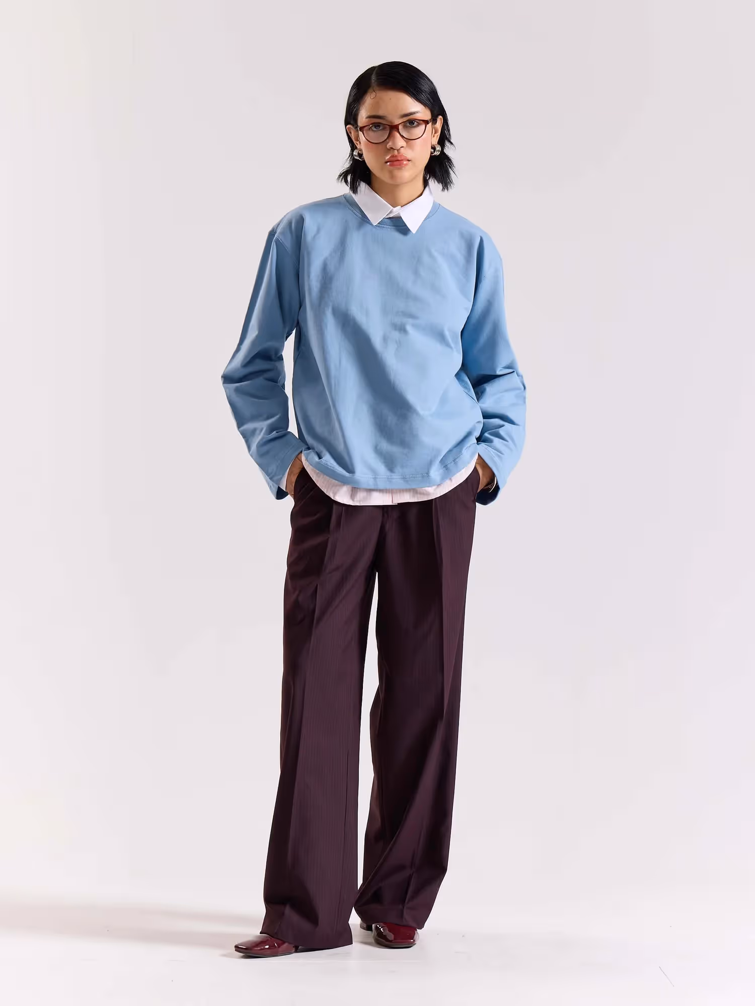Burgundy Pinstriped Baggy Fit Trousers image 3