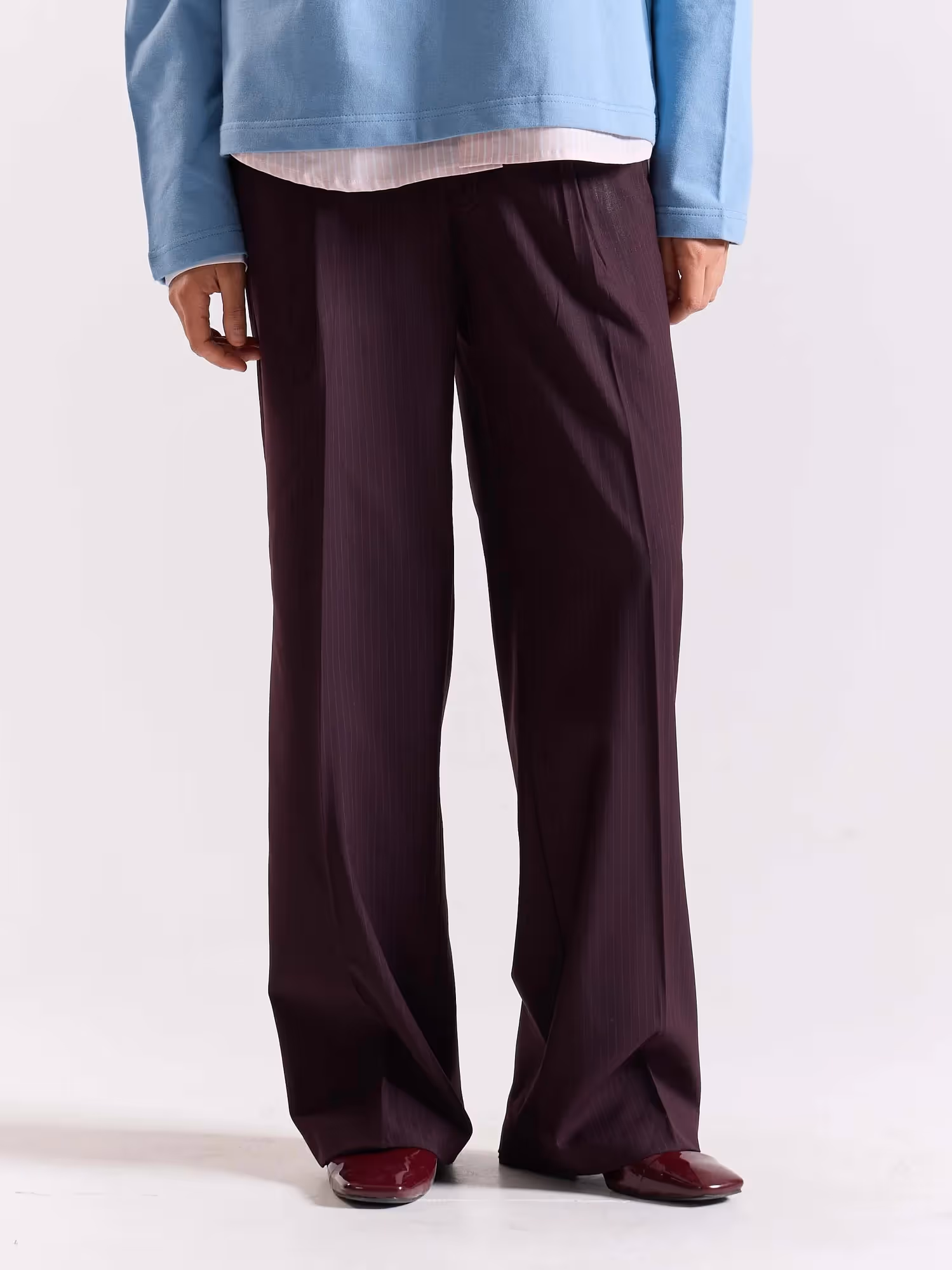 Burgundy Pinstriped Baggy Fit Trousers image 4
