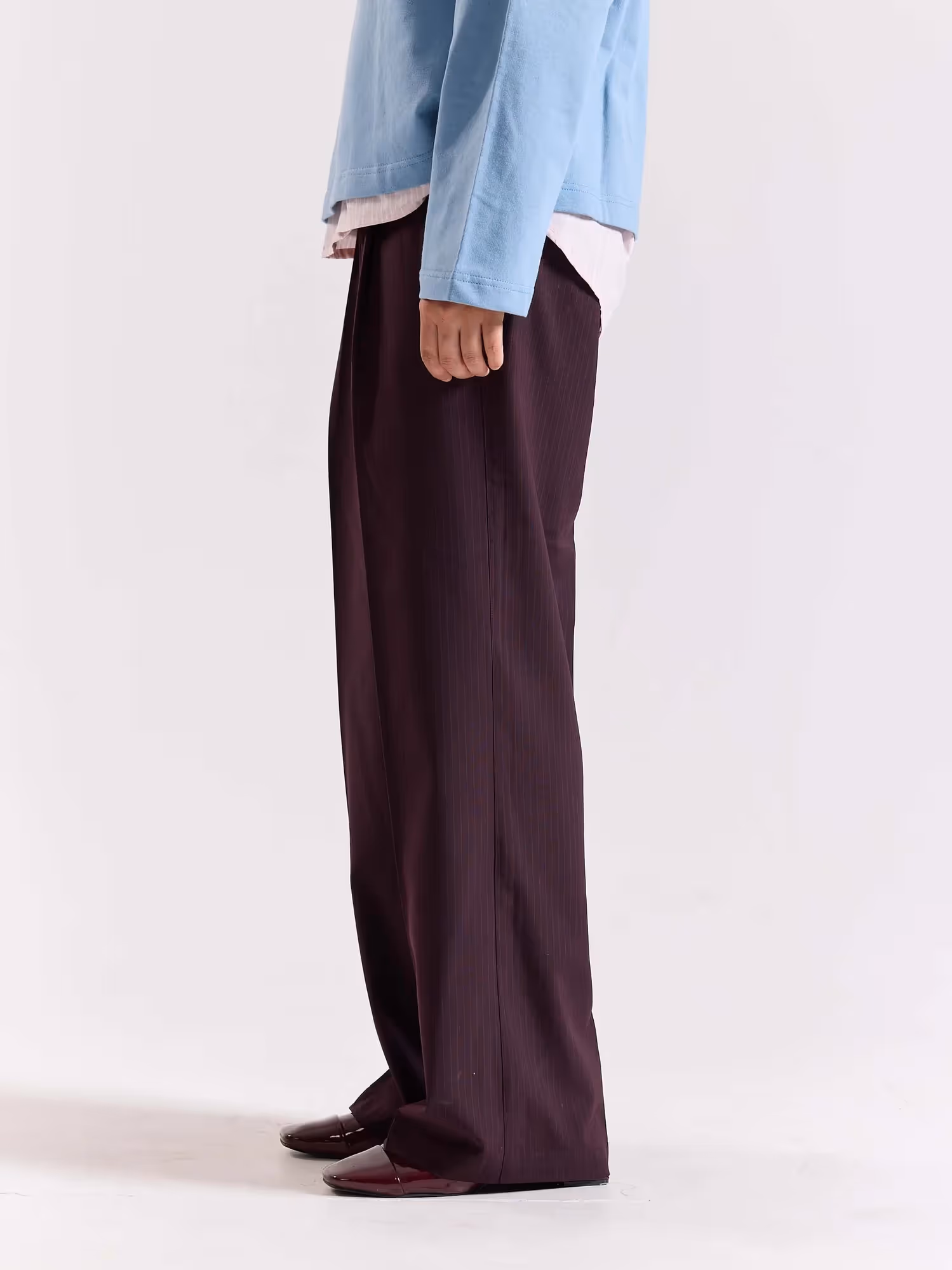 Burgundy Pinstriped Baggy Fit Trousers image 5