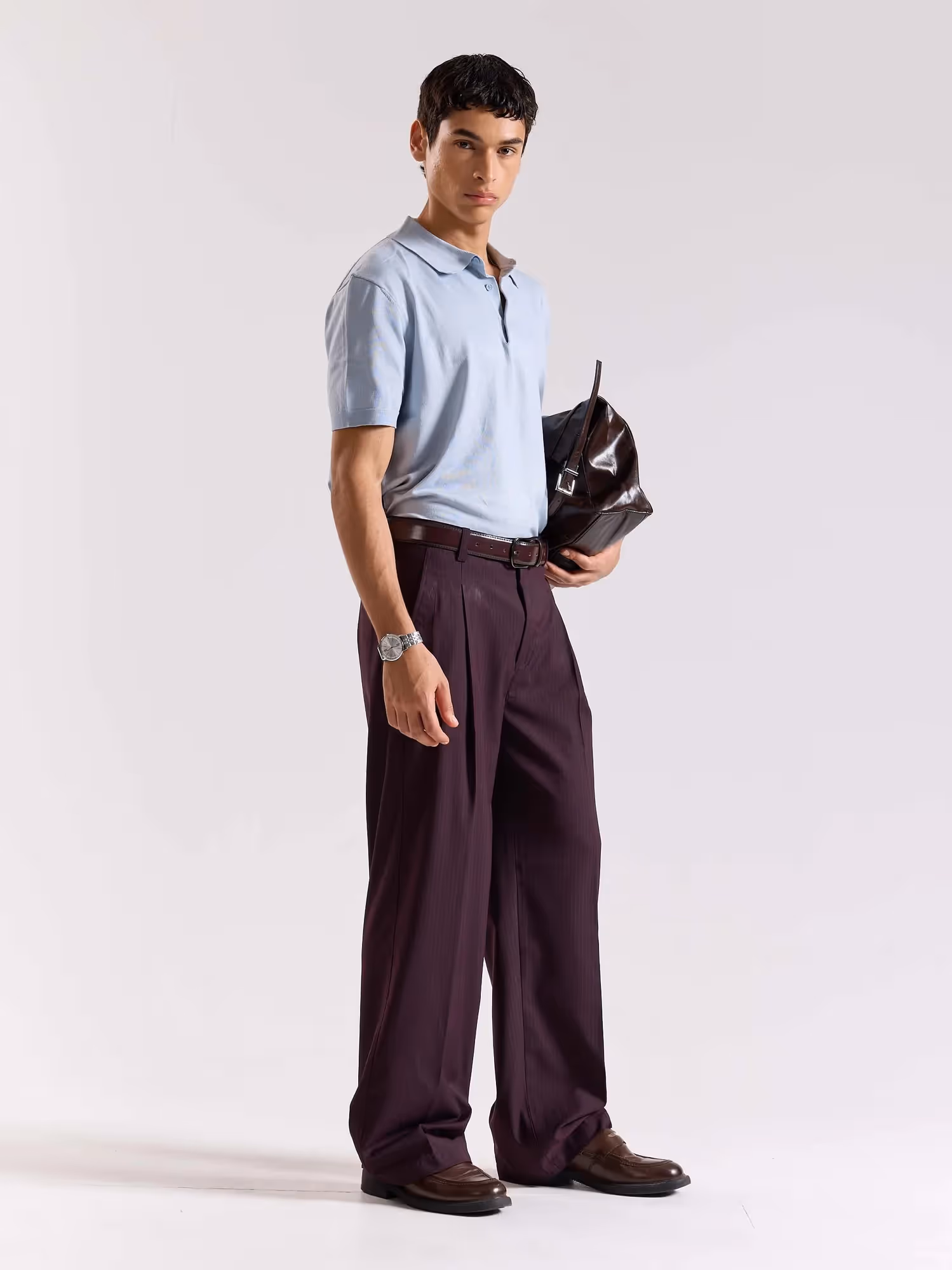 Burgundy Pinstriped Baggy Fit Trousers image 7