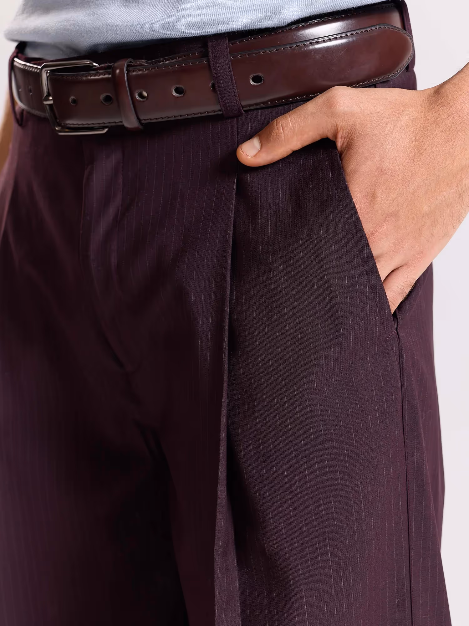 Burgundy Pinstriped Baggy Fit Trousers image 8