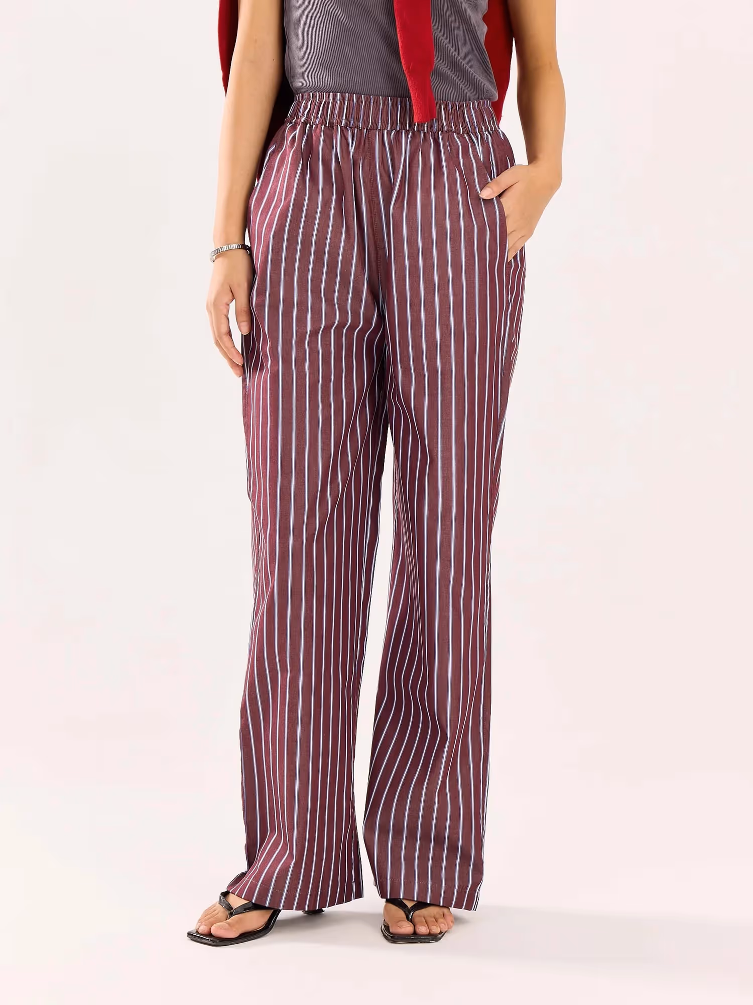 Burgundy Striped Poplin Pull-on Pants image 4