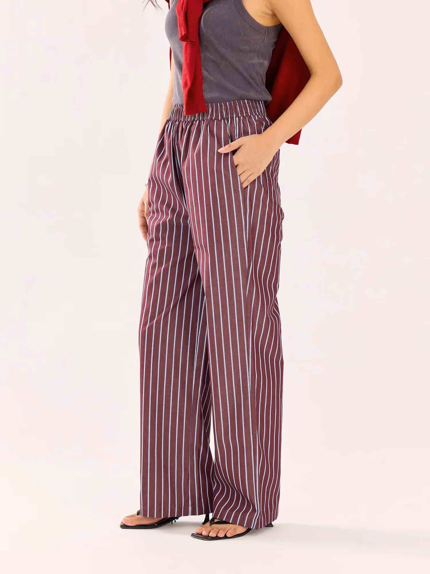 Burgundy Striped Poplin Pull-on Pants image 7