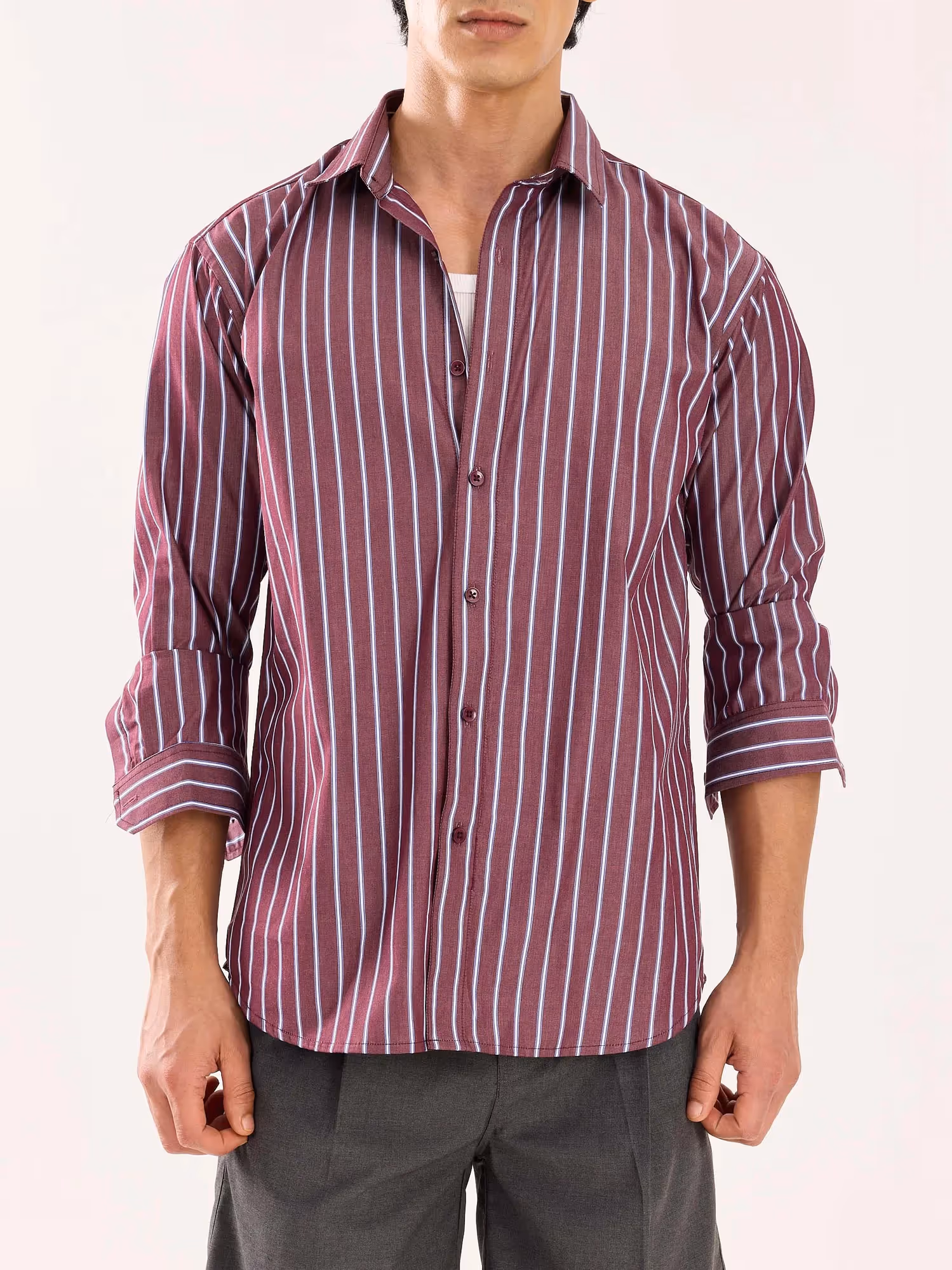 Burgundy Striped Poplin Shirt image 7