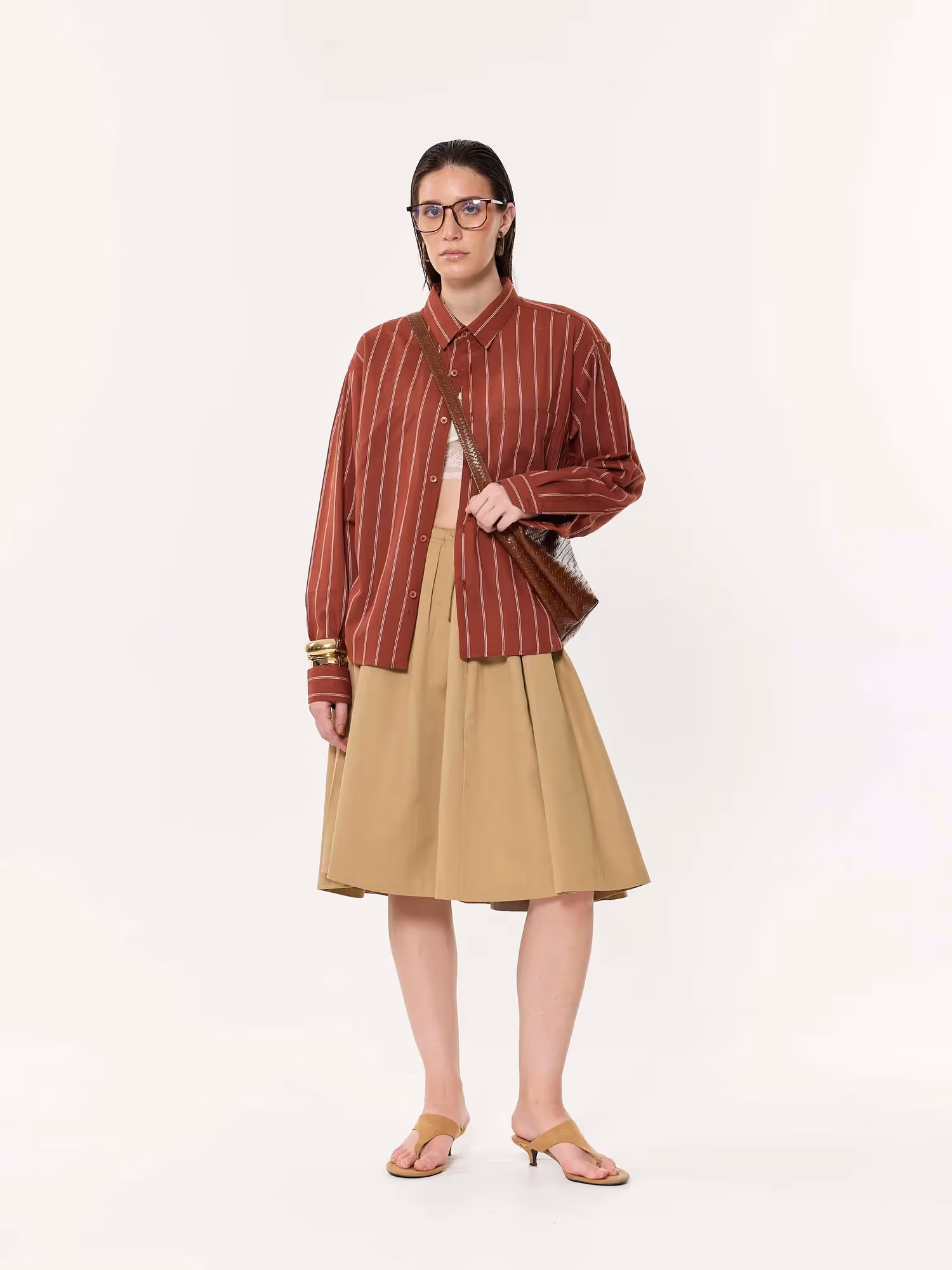 Burnt Red Striped Oversized Cropped Shirt image 2