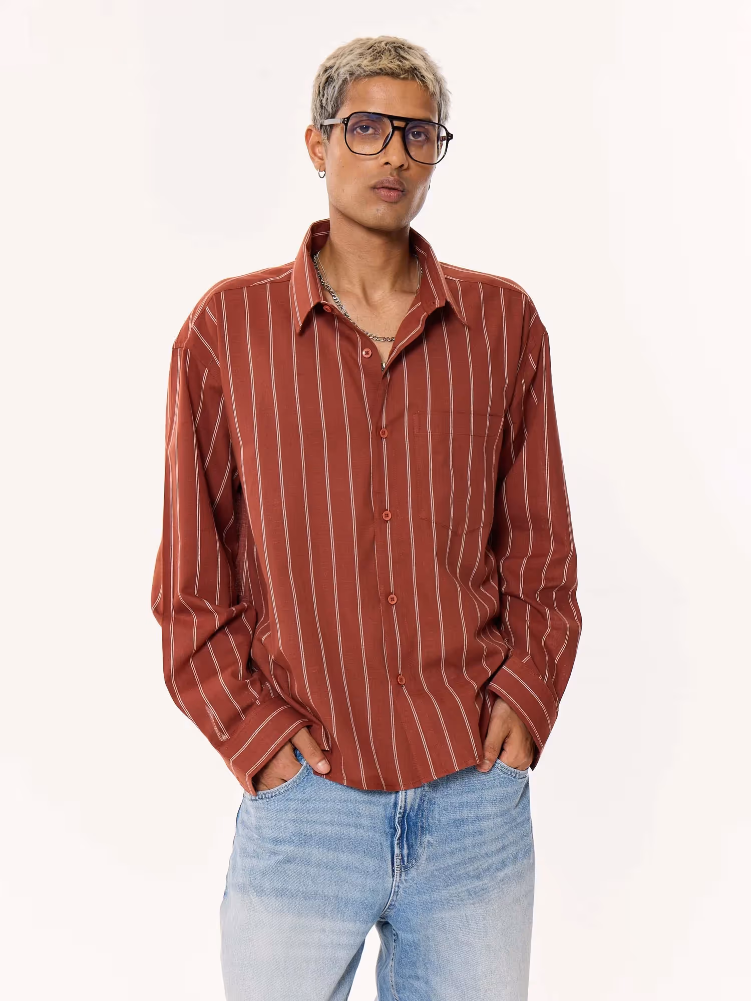 Burnt Red Striped Oversized Cropped Shirt image 3