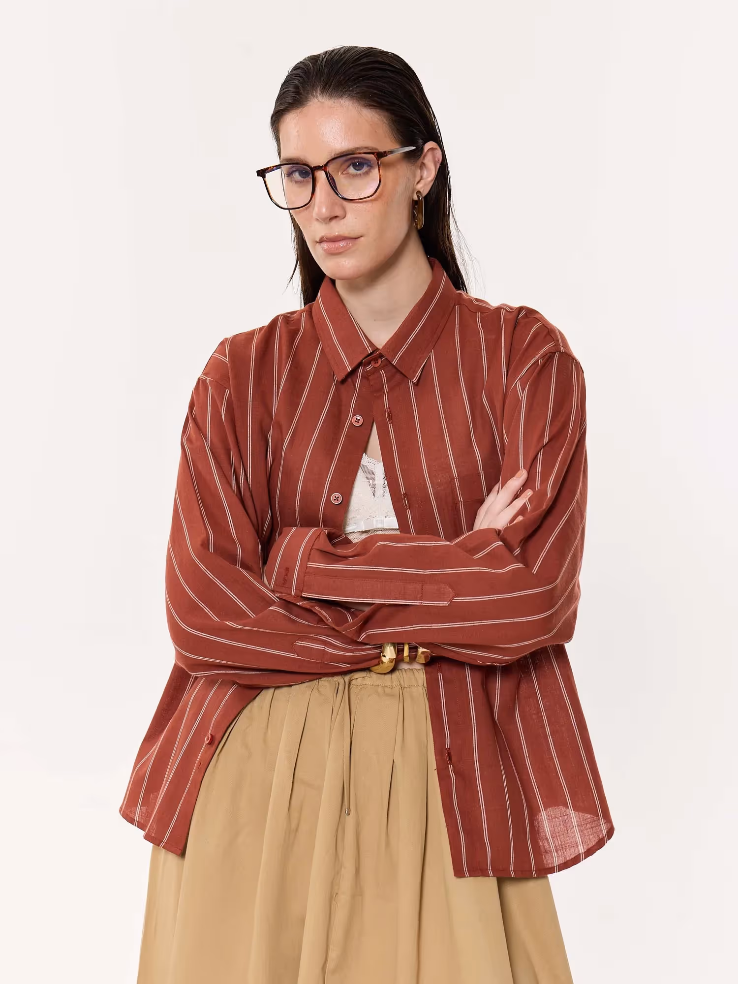 Burnt Red Striped Oversized Cropped Shirt image 4