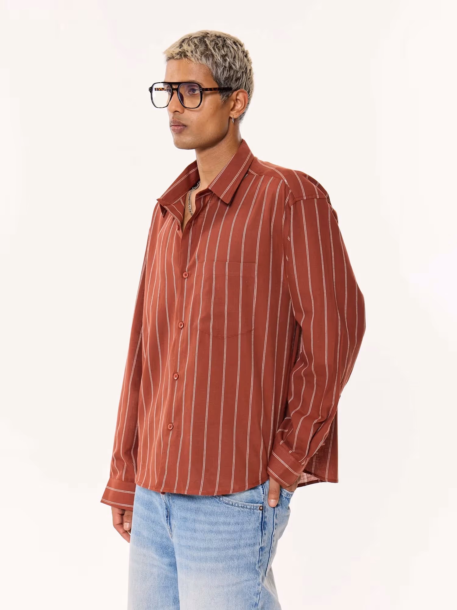 Burnt Red Striped Oversized Cropped Shirt image 5