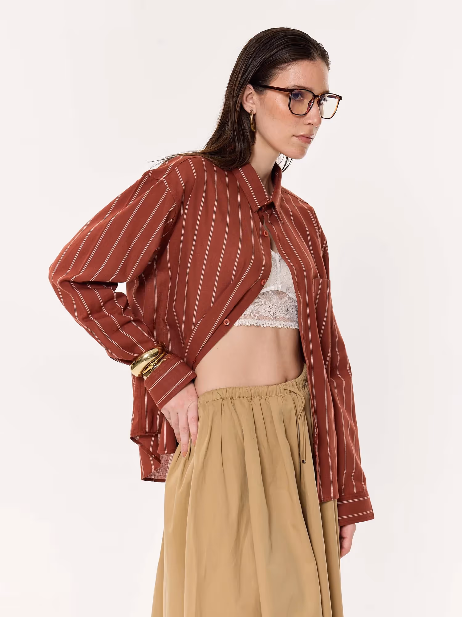 Burnt Red Striped Oversized Cropped Shirt image 6