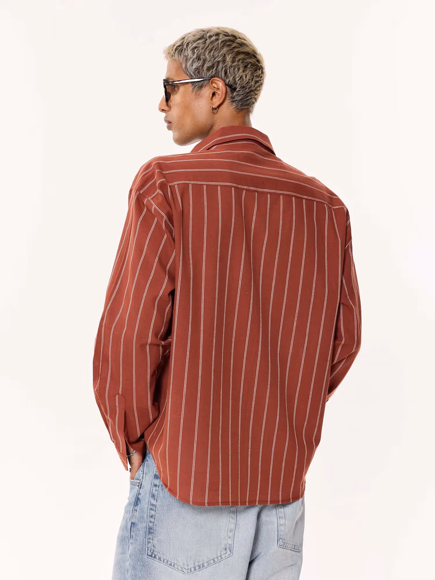Burnt Red Striped Oversized Cropped Shirt image 7