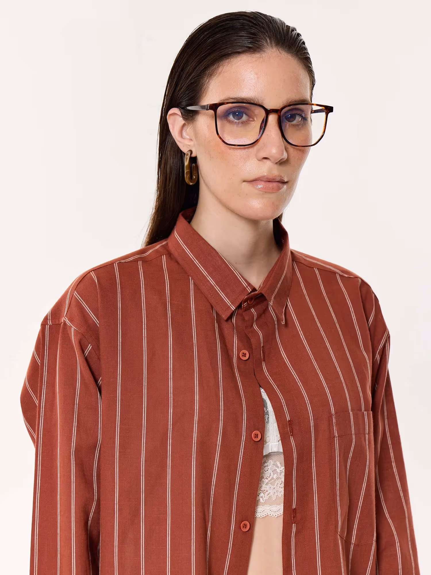 Burnt Red Striped Oversized Cropped Shirt image 8