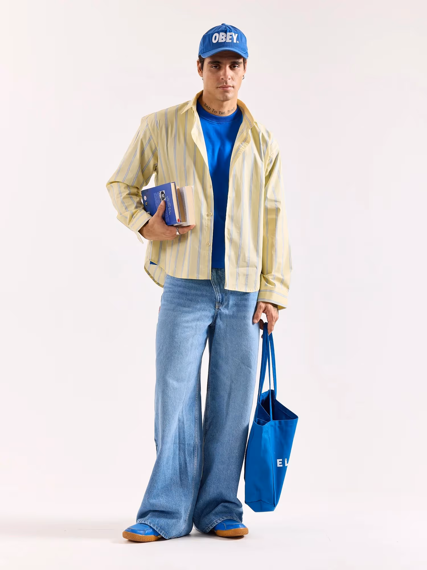 Butter Yellow & Blue Striped Poplin Oversized Shirt image 1