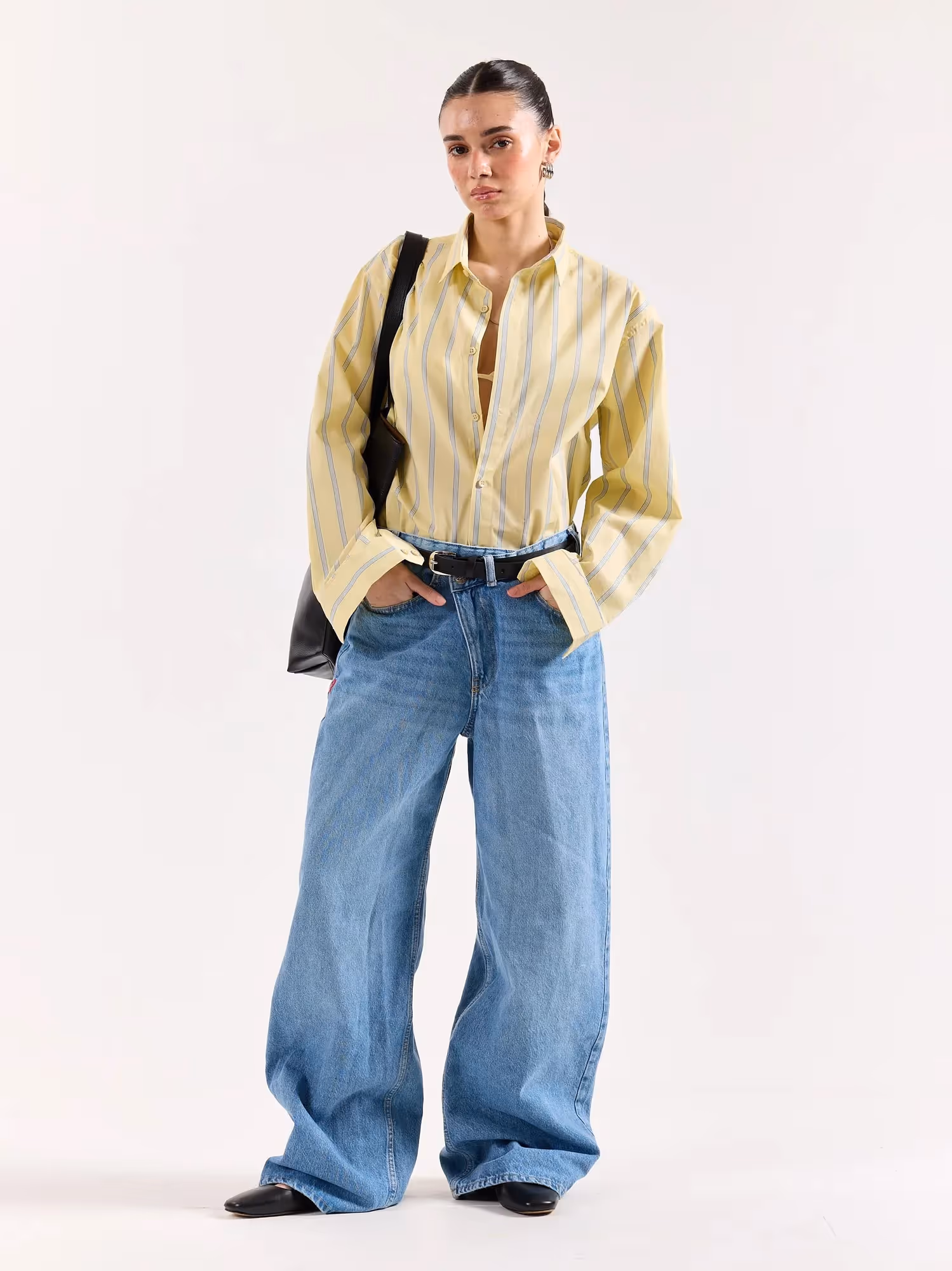 Butter Yellow & Blue Striped Poplin Oversized Shirt image 2