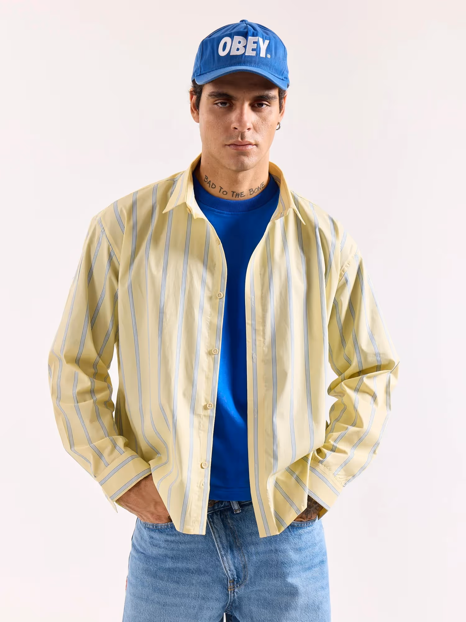 Butter Yellow & Blue Striped Poplin Oversized Shirt image 3