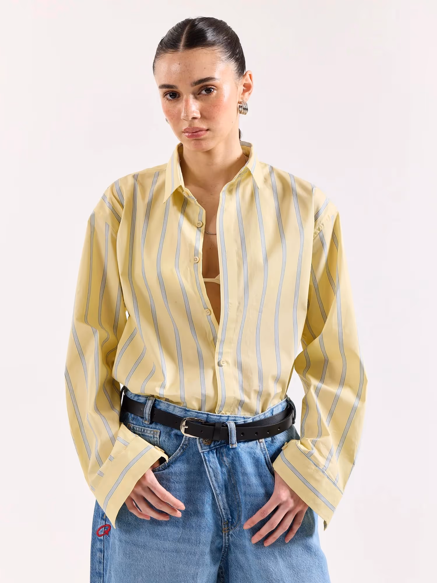 Butter Yellow & Blue Striped Poplin Oversized Shirt image 4