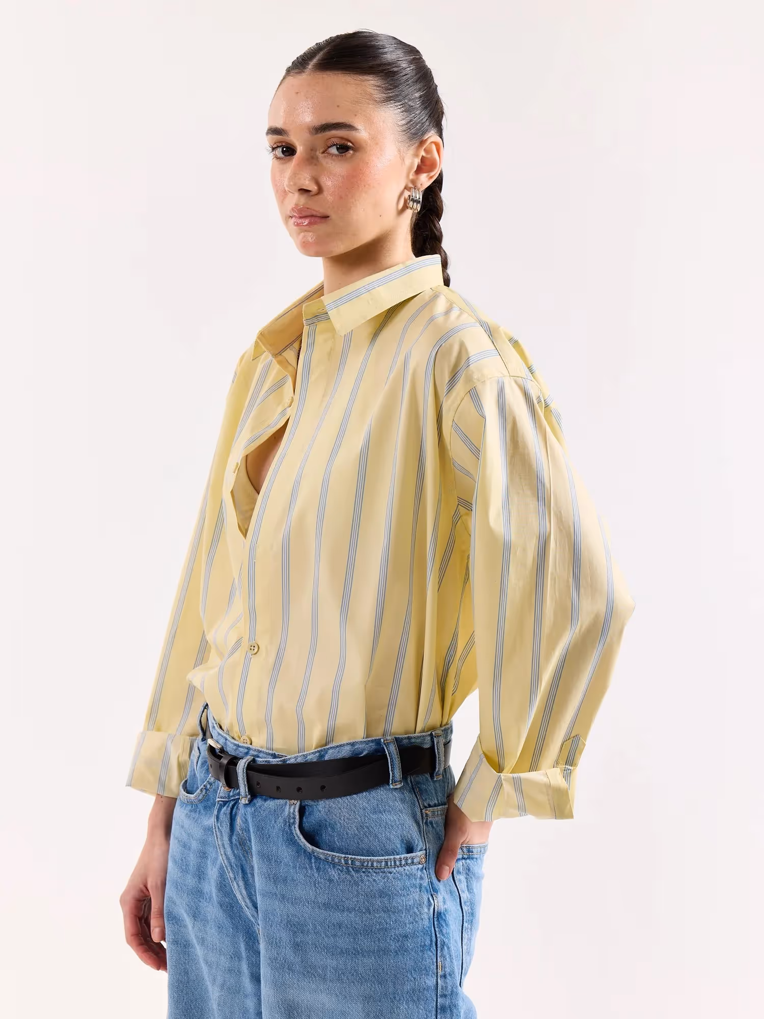 Butter Yellow & Blue Striped Poplin Oversized Shirt image 7